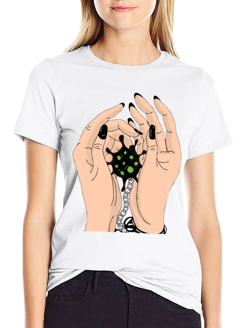 Hands Holding Chain Graphic Tee - Black Cotton