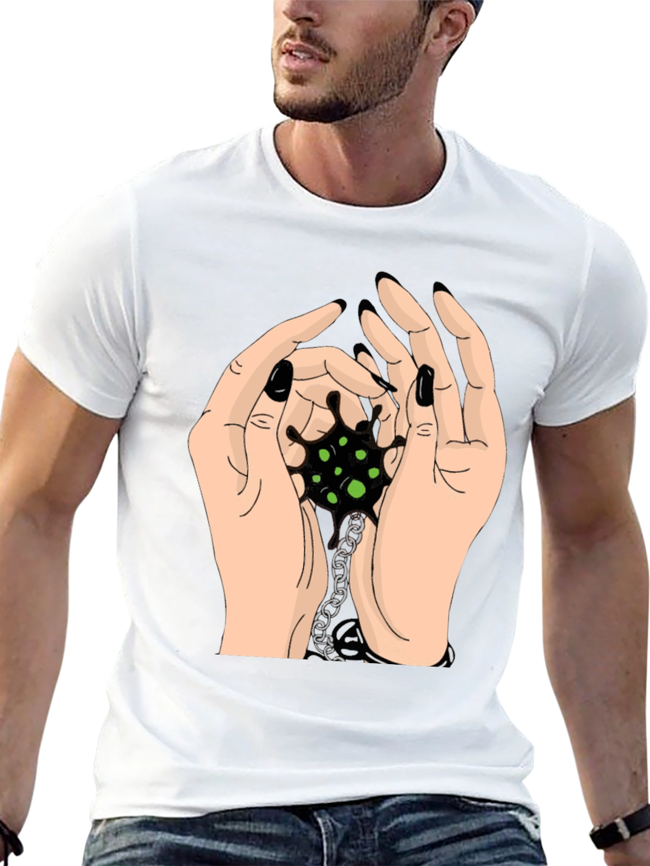 Hands Holding Chain Graphic Tee - Black Cotton