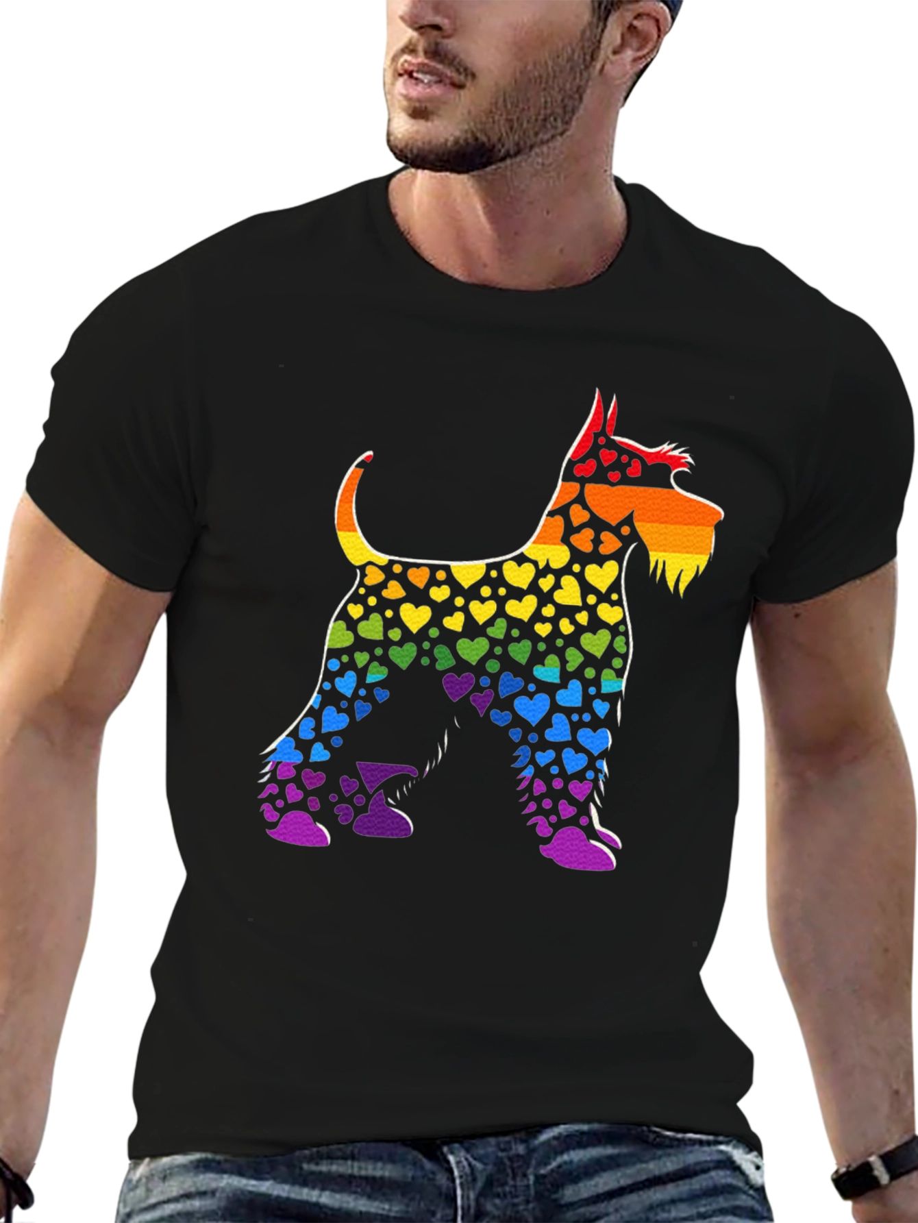 Rainbow Heart Dog T-Shirt Black Cotton Tee