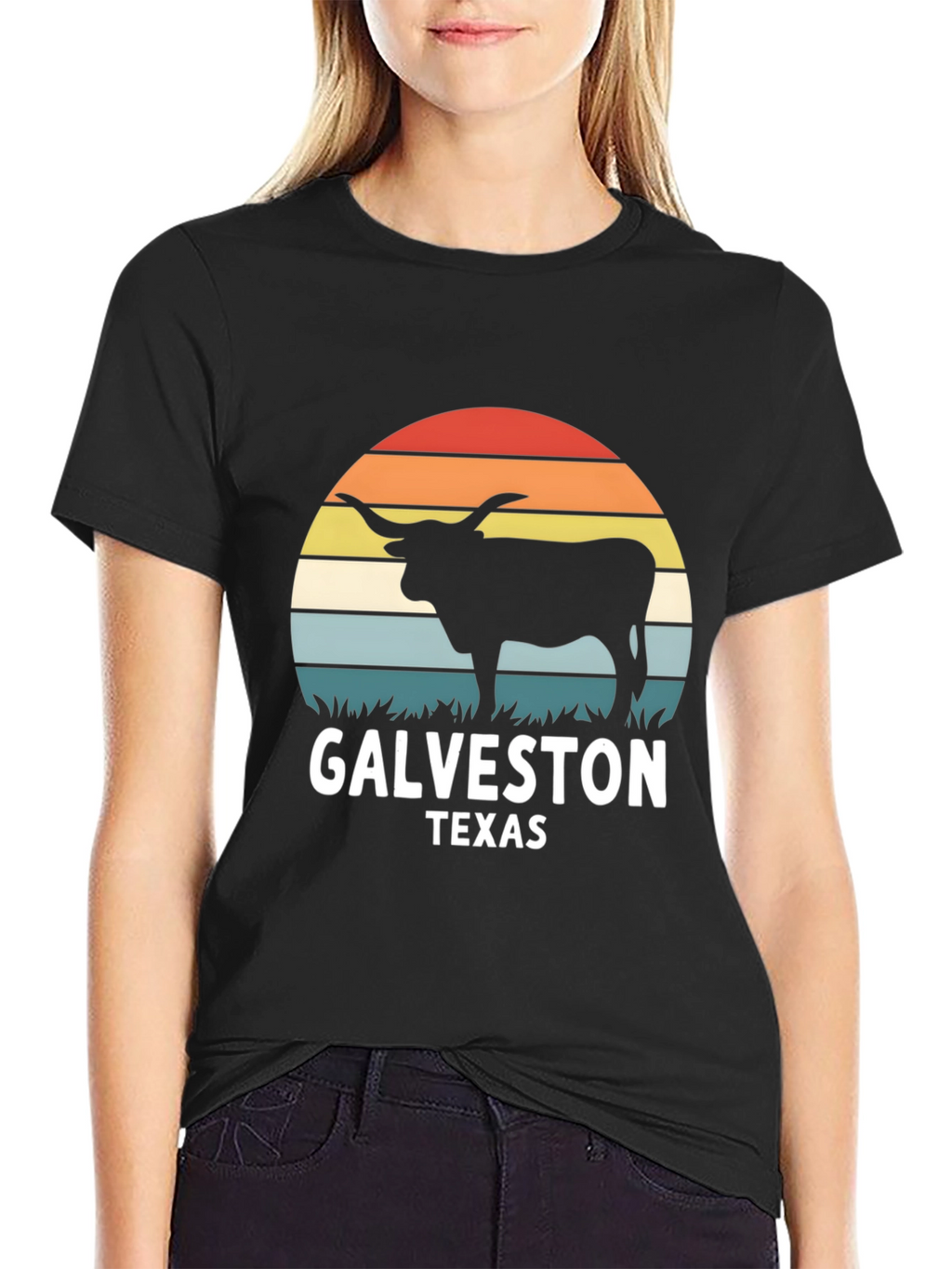 Galveston Texas Bull T-Shirt - Retro Sunset Design