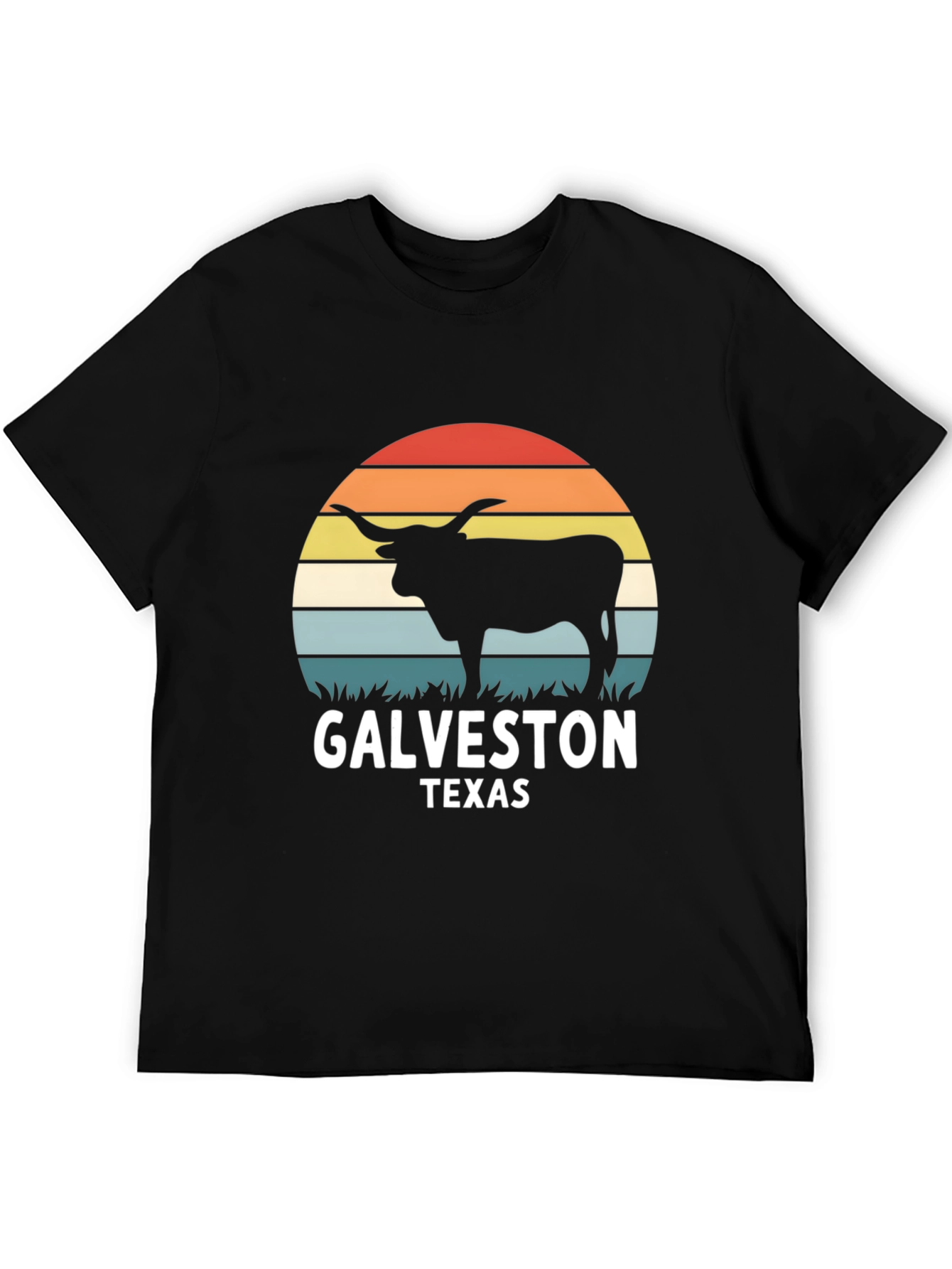 Galveston Texas Bull T-Shirt - Retro Sunset Design