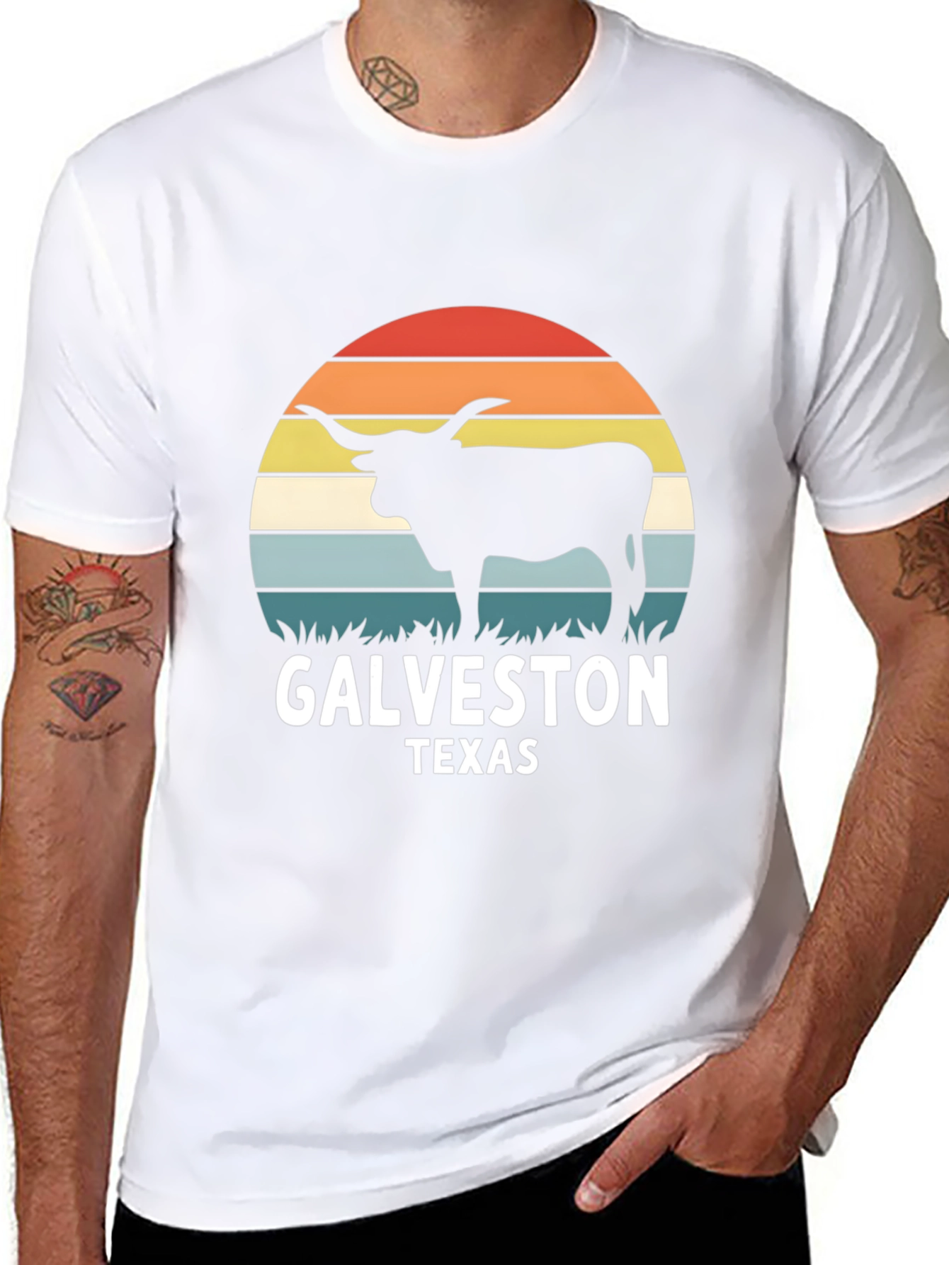 Galveston Texas Bull T-Shirt - Retro Sunset Design
