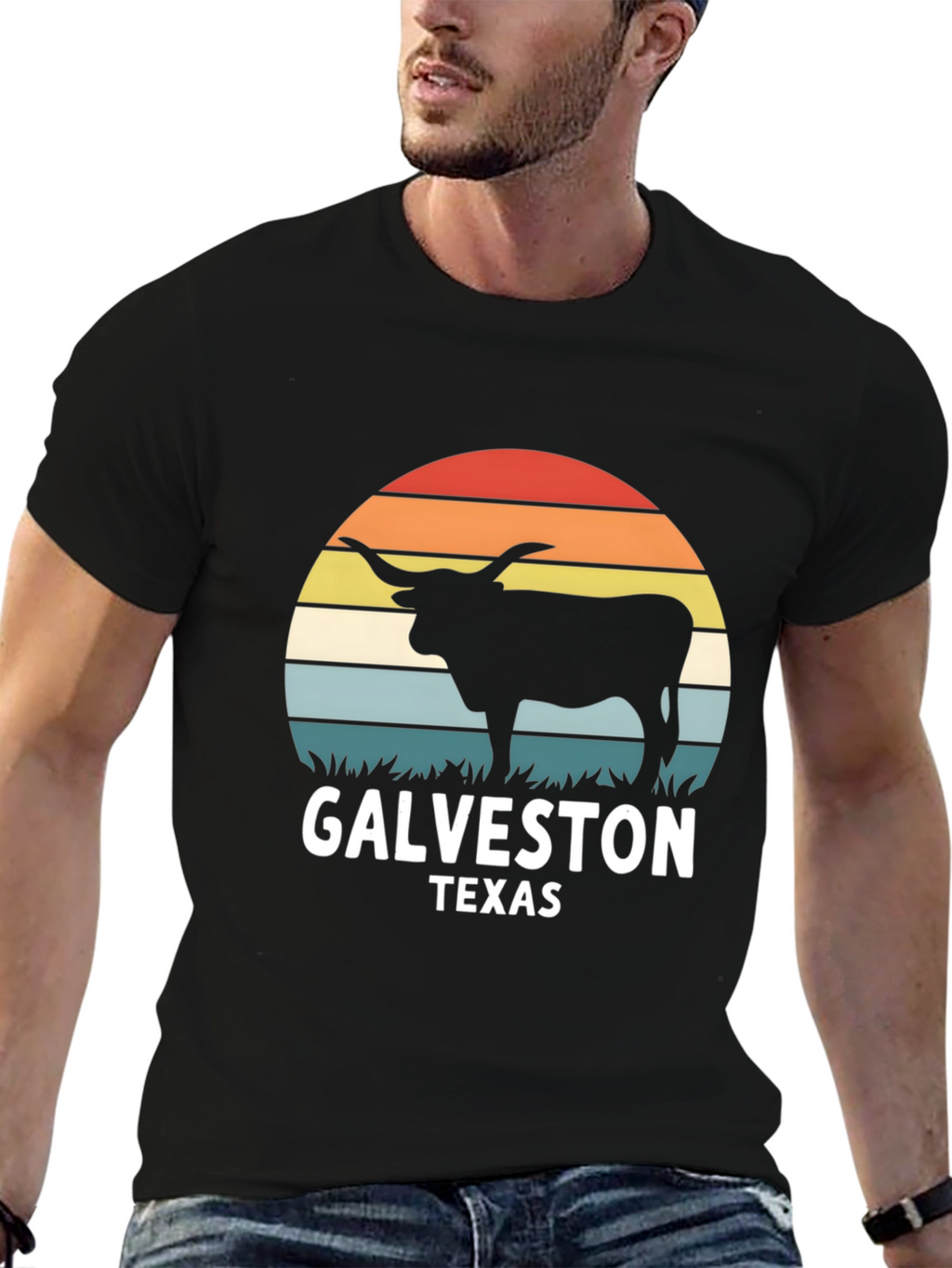 Galveston Texas Bull T-Shirt - Retro Sunset Design