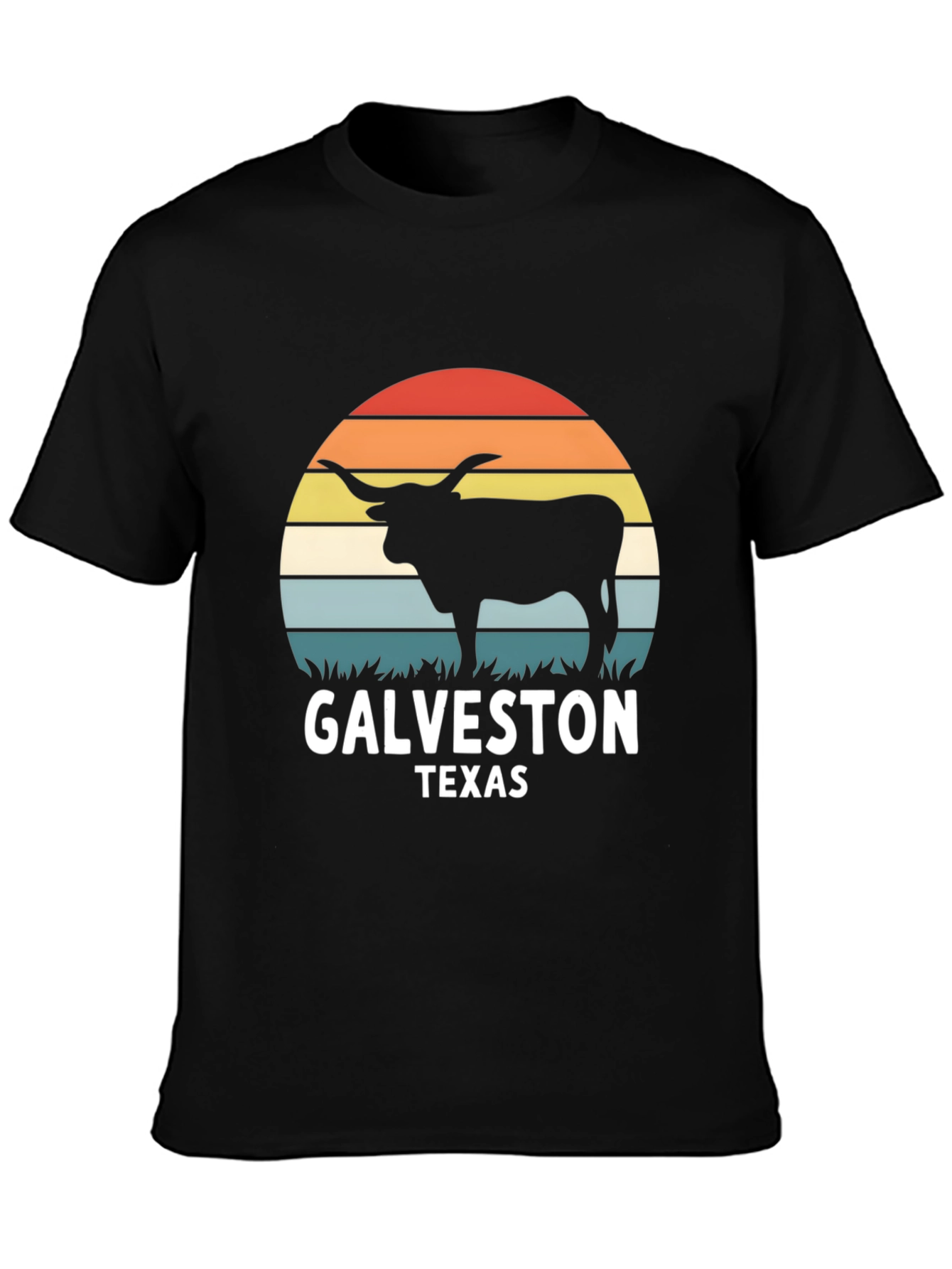 Galveston Texas Bull T-Shirt - Retro Sunset Design