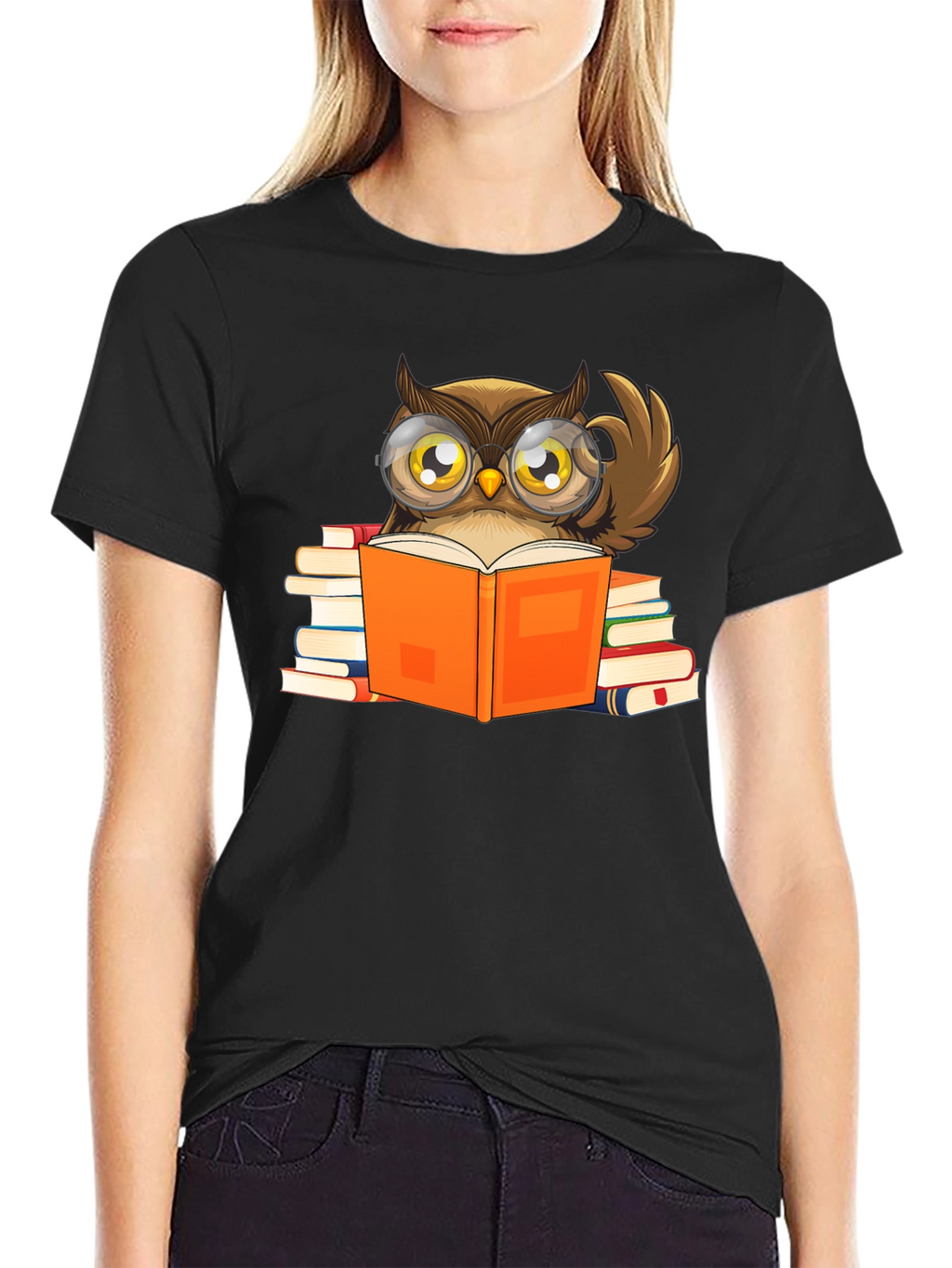 Owl Reading Book T-Shirt - Black