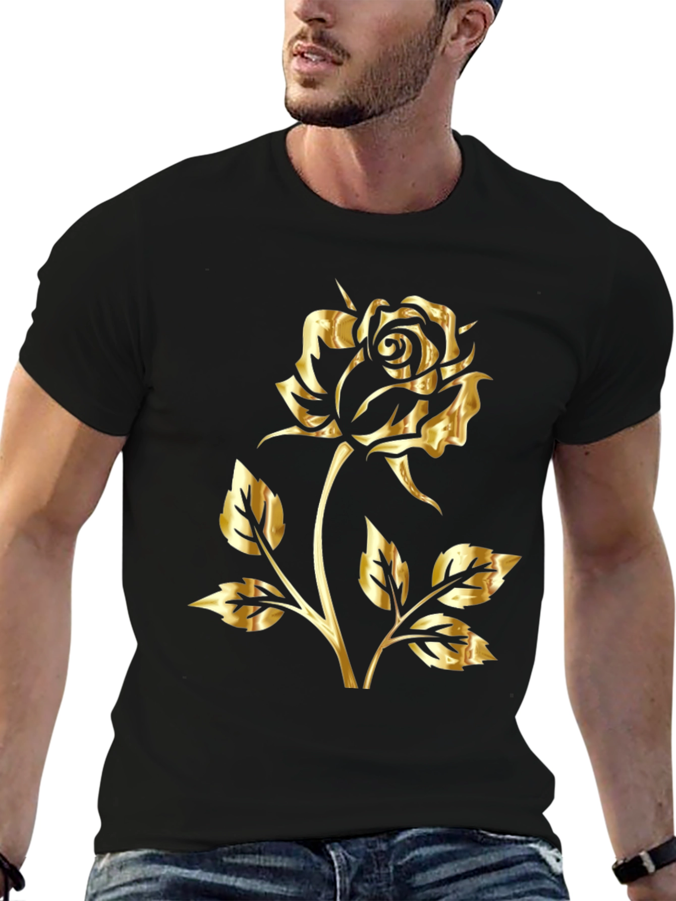 Golden Rose Graphic Black T-Shirt