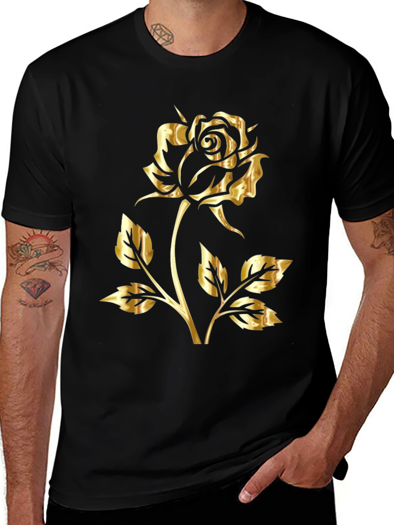 Golden Rose Graphic Black T-Shirt