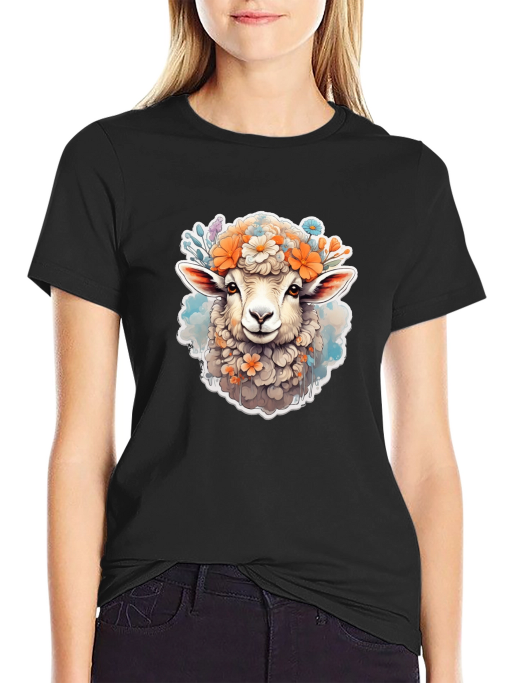 Floral Sheep Graphic Tee - Cute Animal Print