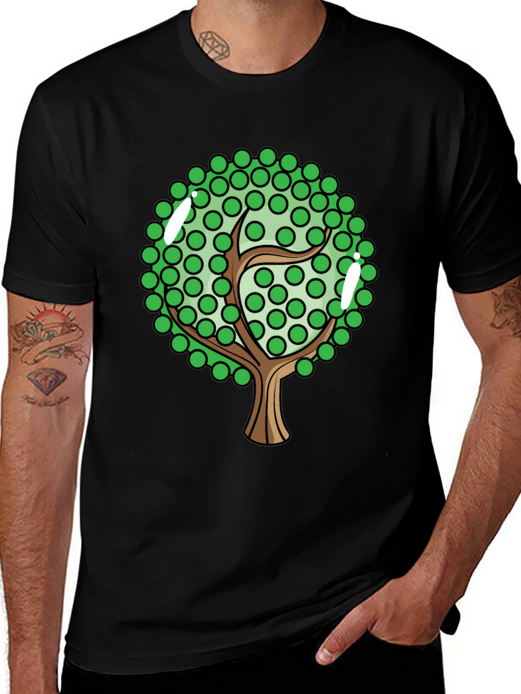 Cartoon Tree Graphic Tee - Black Cotton Blend