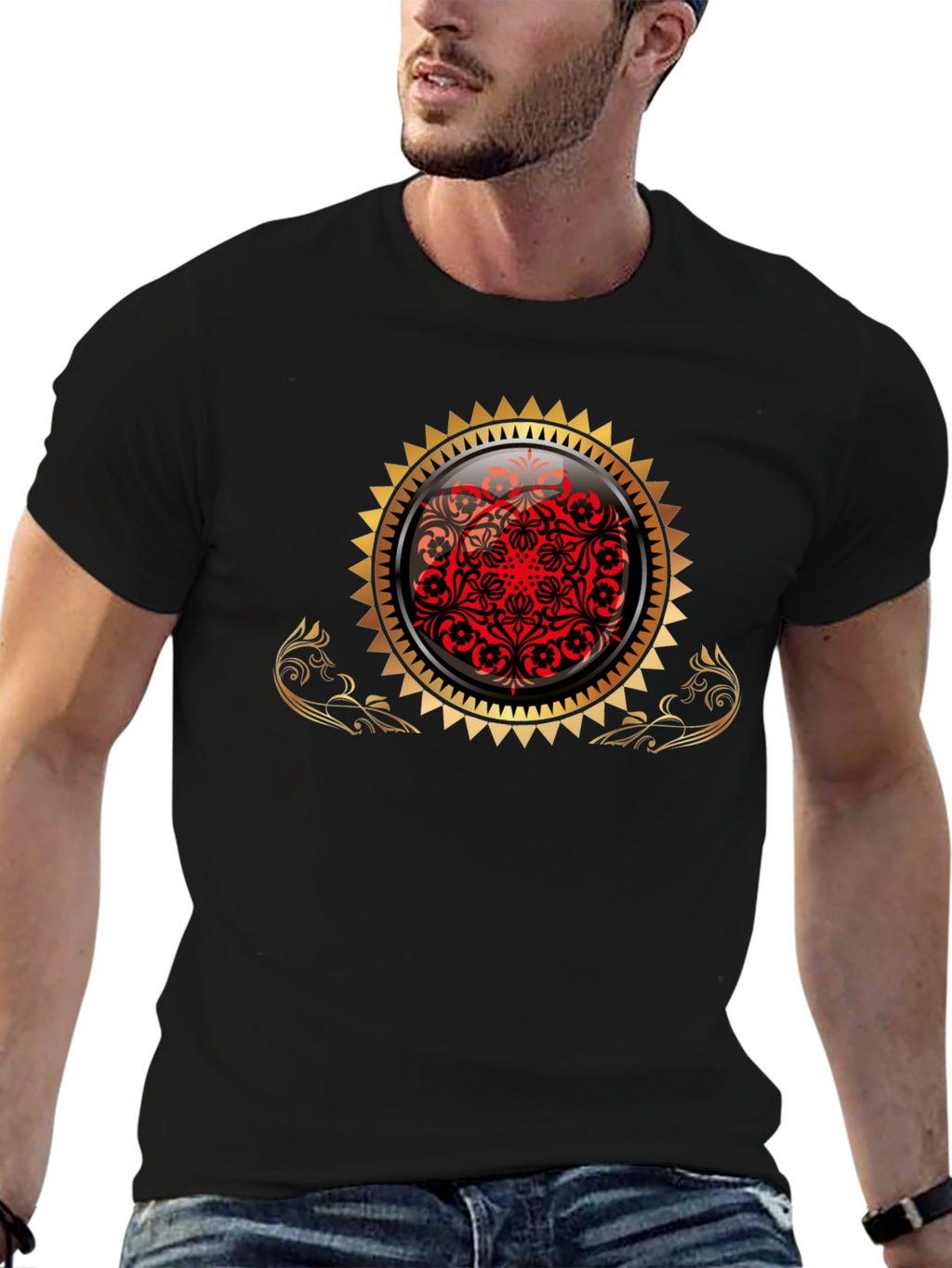 Stylish Black Tee with Ornamental Design