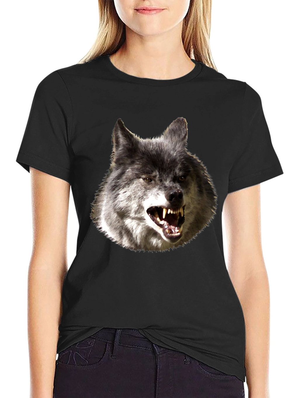 Mens Black T-Shirt with Wolf Graphic