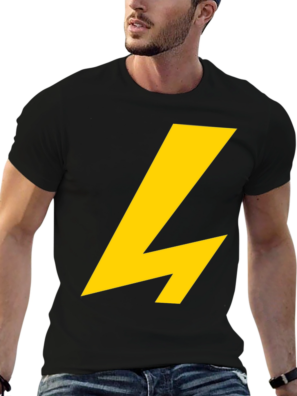 Black T-Shirt with Yellow Lightning Bolt Graphic