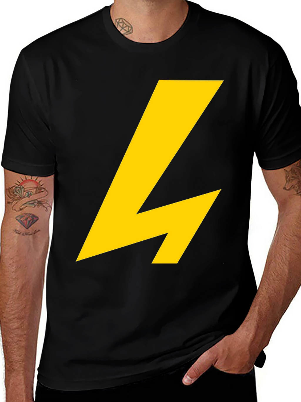 Black T-Shirt with Yellow Lightning Bolt Graphic