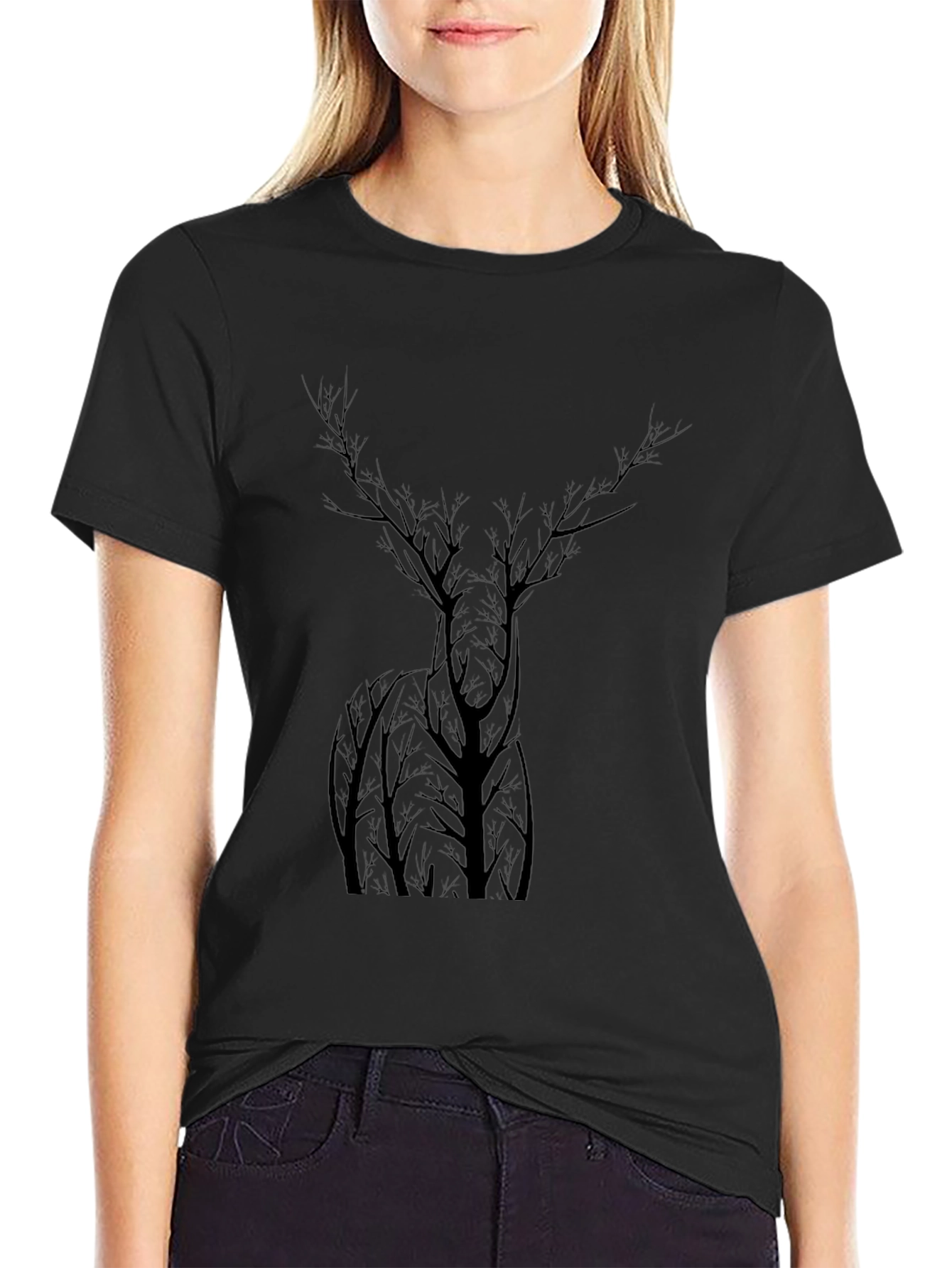 Nature Deer Tree Graphic Black T-Shirt