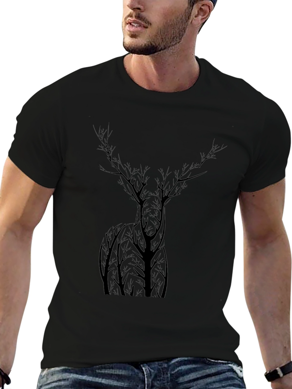 Nature Deer Tree Graphic Black T-Shirt