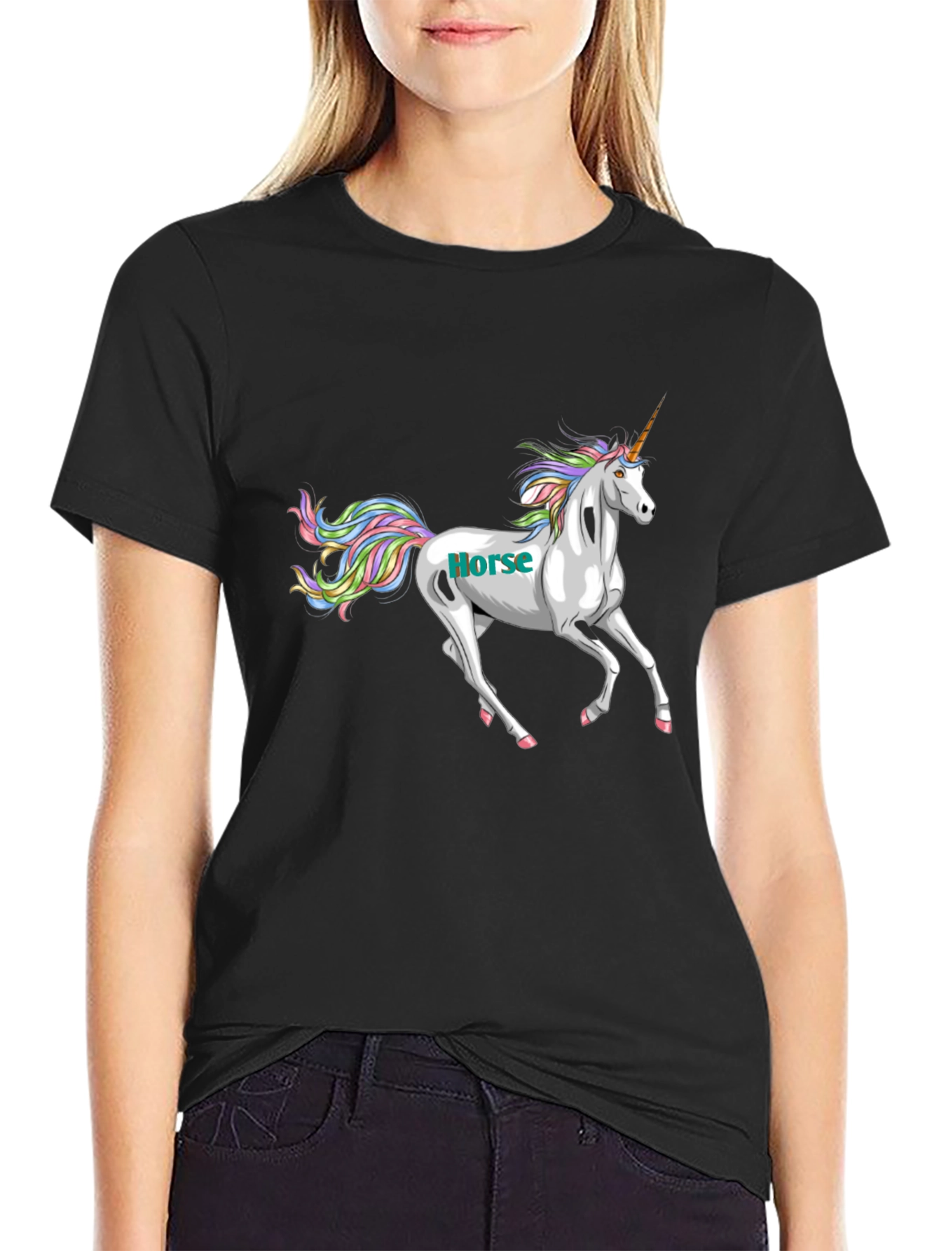 Unicorn Horse Graphic Print Black T-Shirt