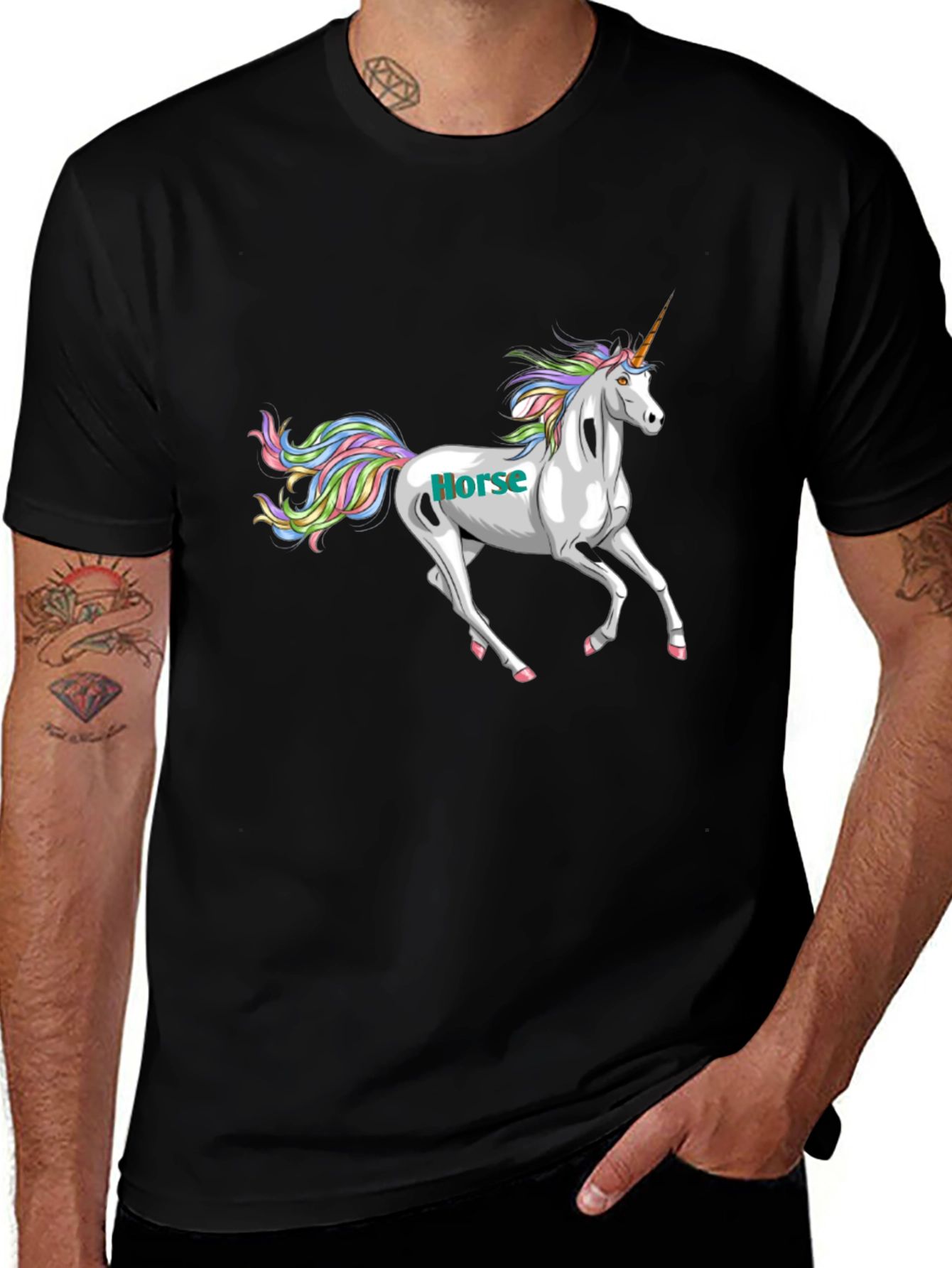 Unicorn Horse Graphic Print Black T-Shirt