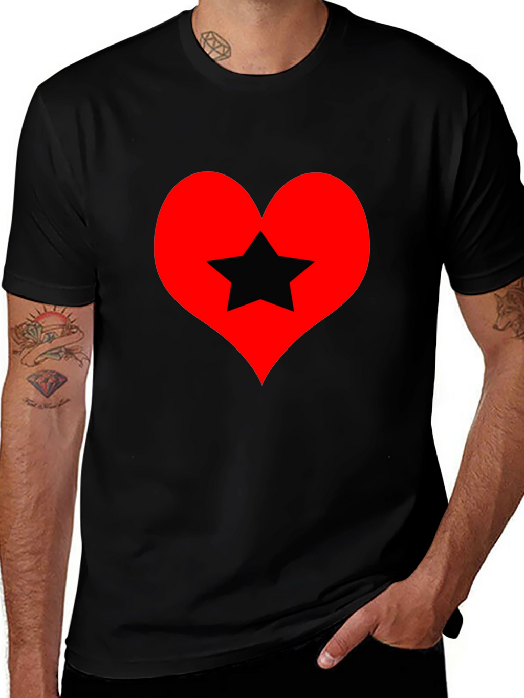 Heart Star Graphic Tee - Black Cotton T-Shirt