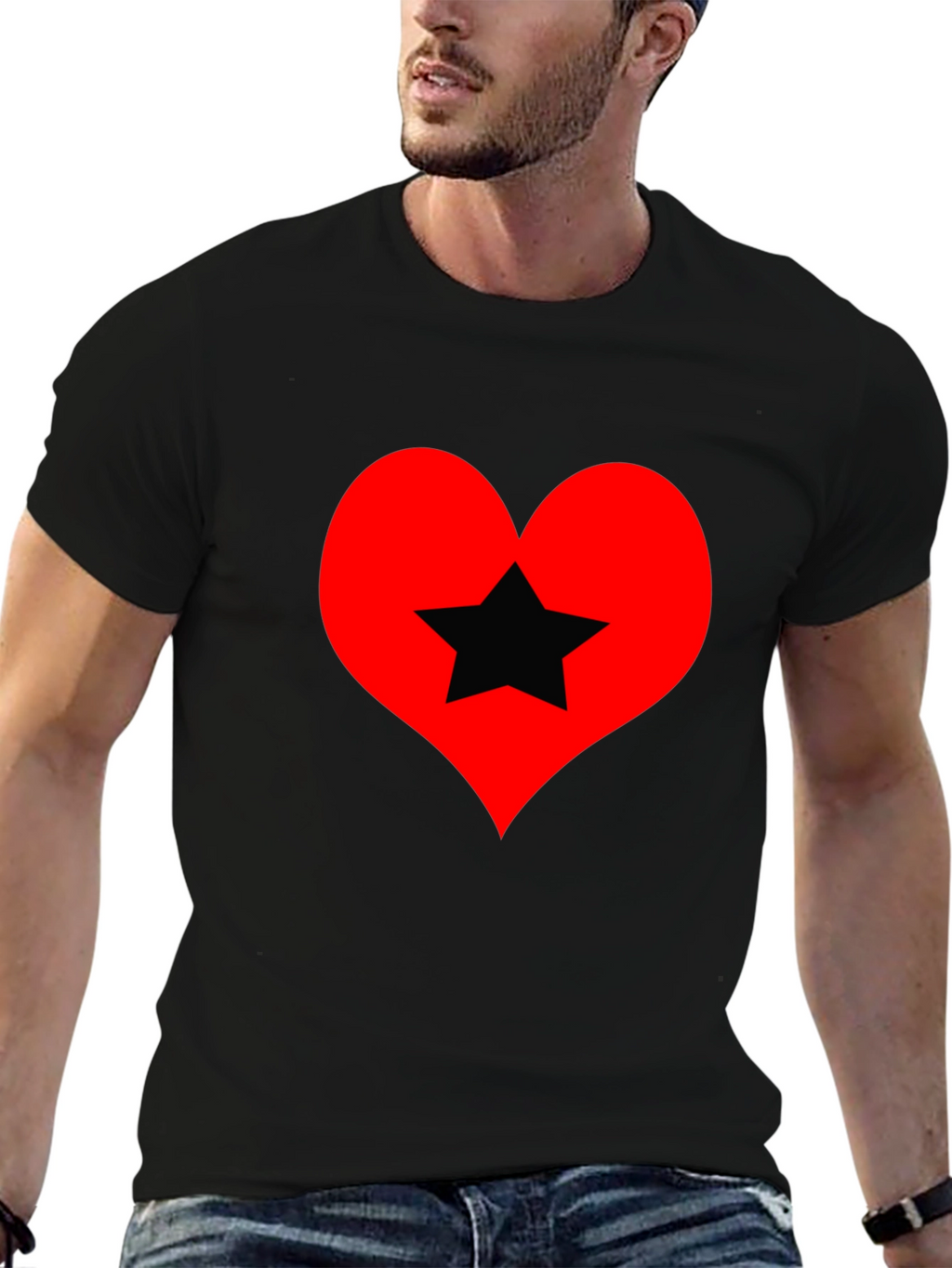 Heart Star Graphic Tee - Black Cotton T-Shirt