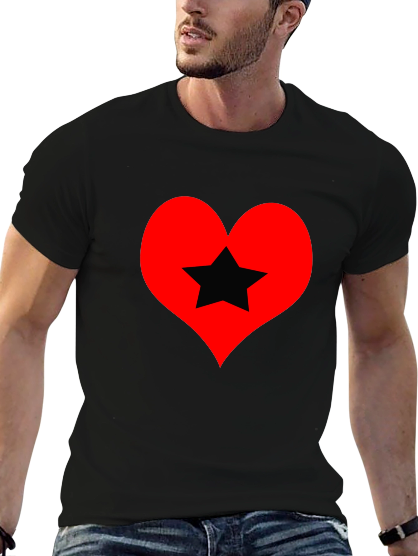 Heart Star Graphic Tee - Black Cotton T-Shirt