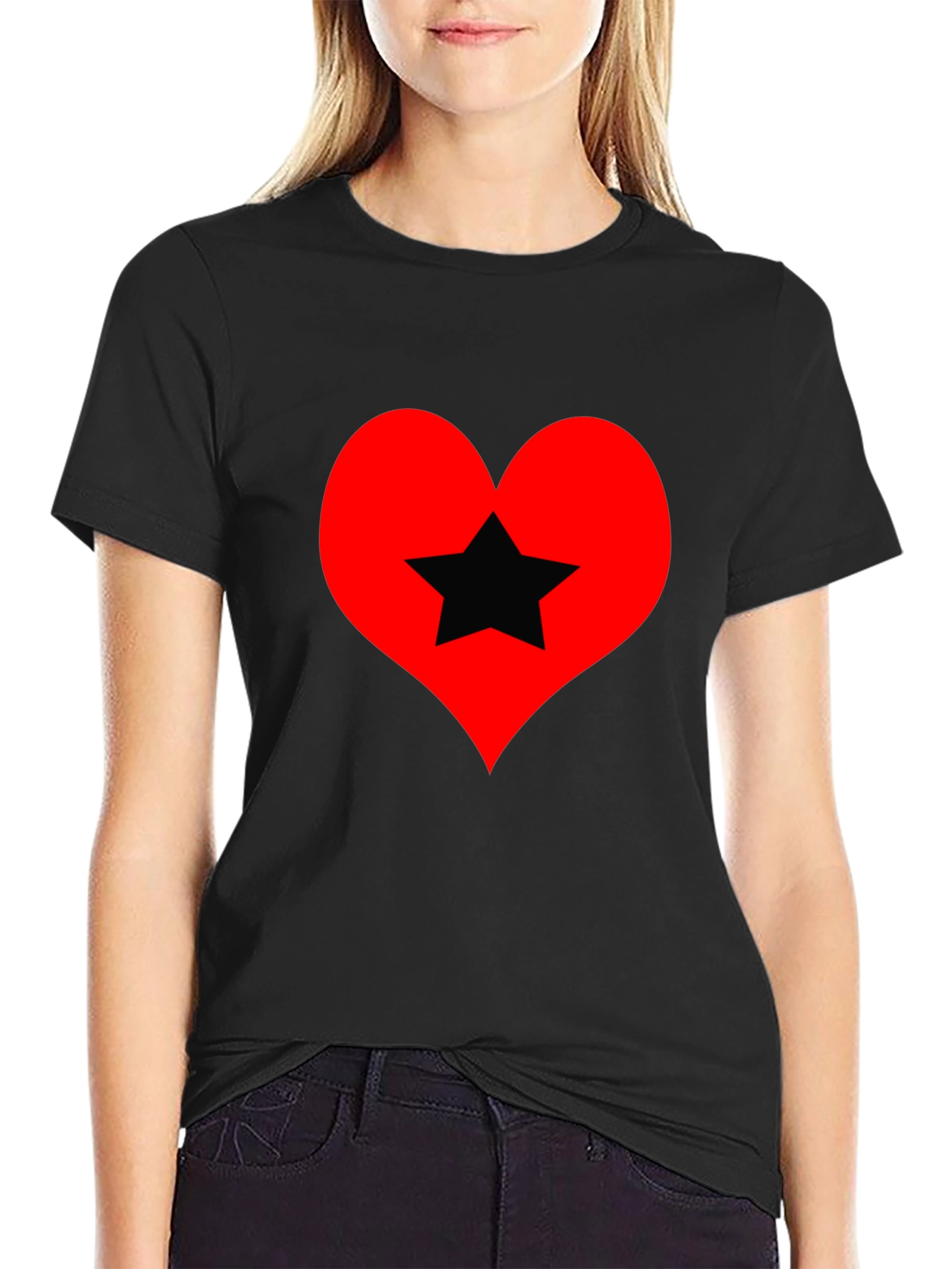 Heart Star Graphic Tee - Black Cotton T-Shirt