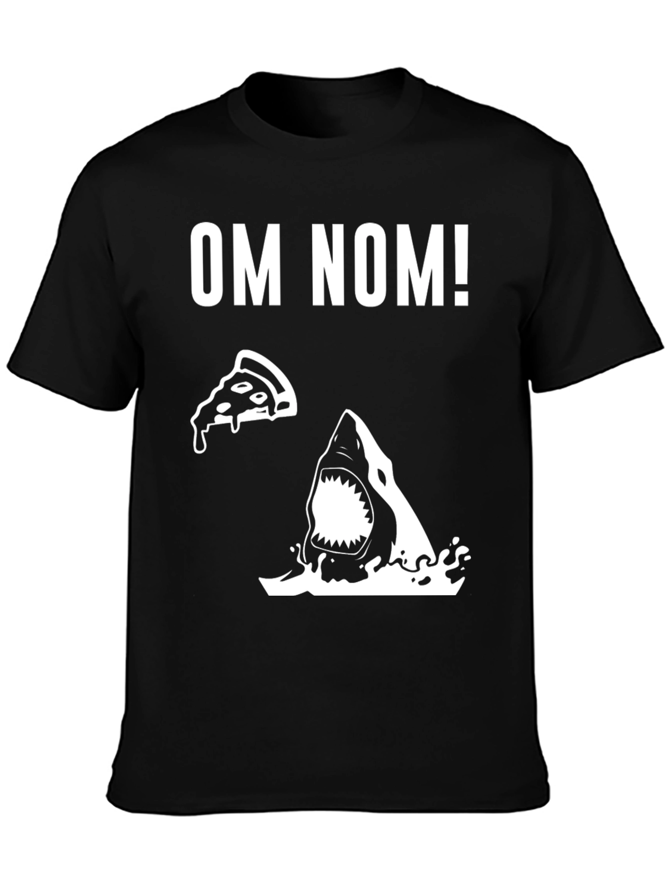 Om Nom Pizza Shark Graphic Tee - Black Cotton T-Shirt