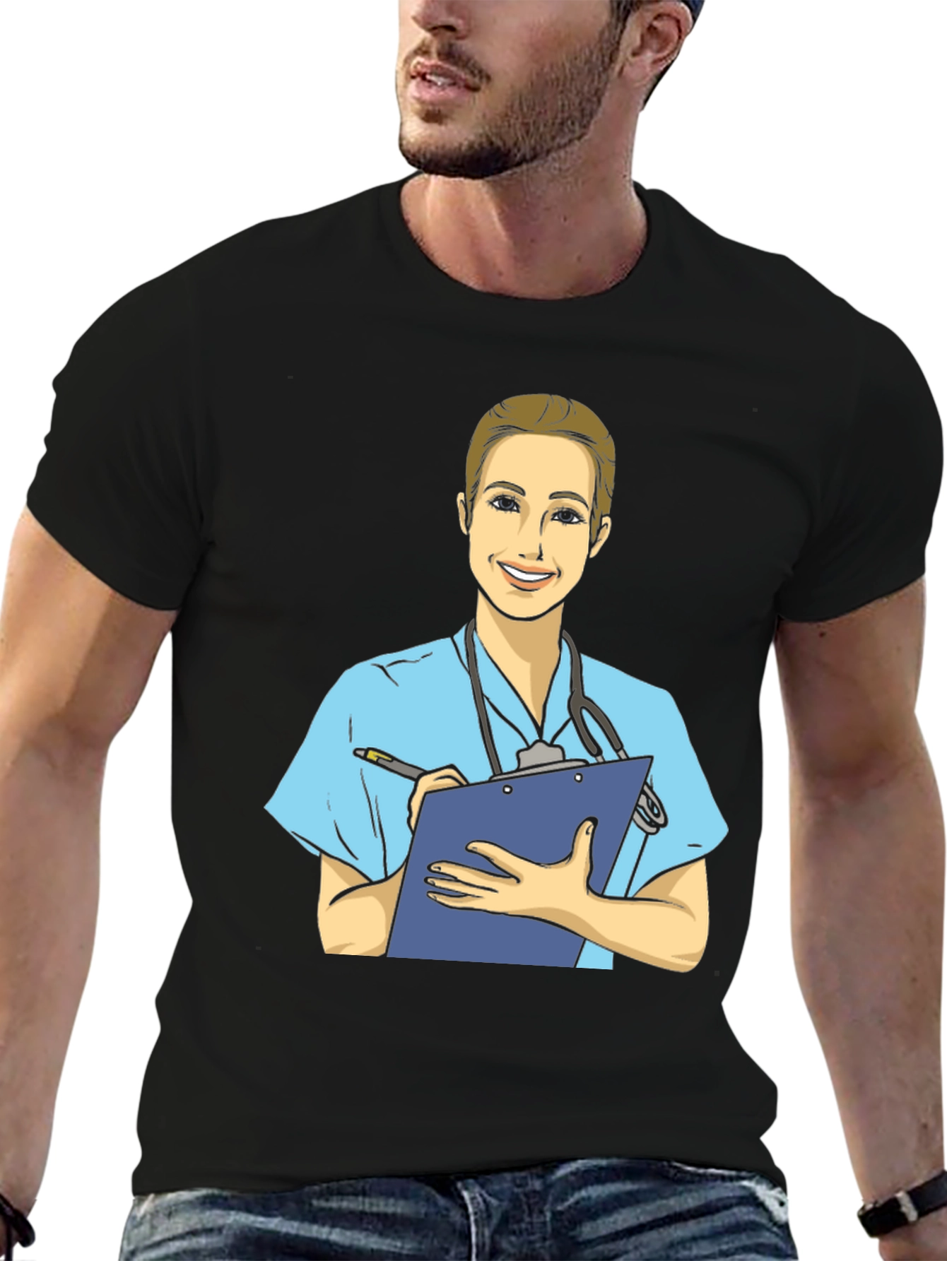 Cartoon Nurse T-Shirt - Black Cotton Blend