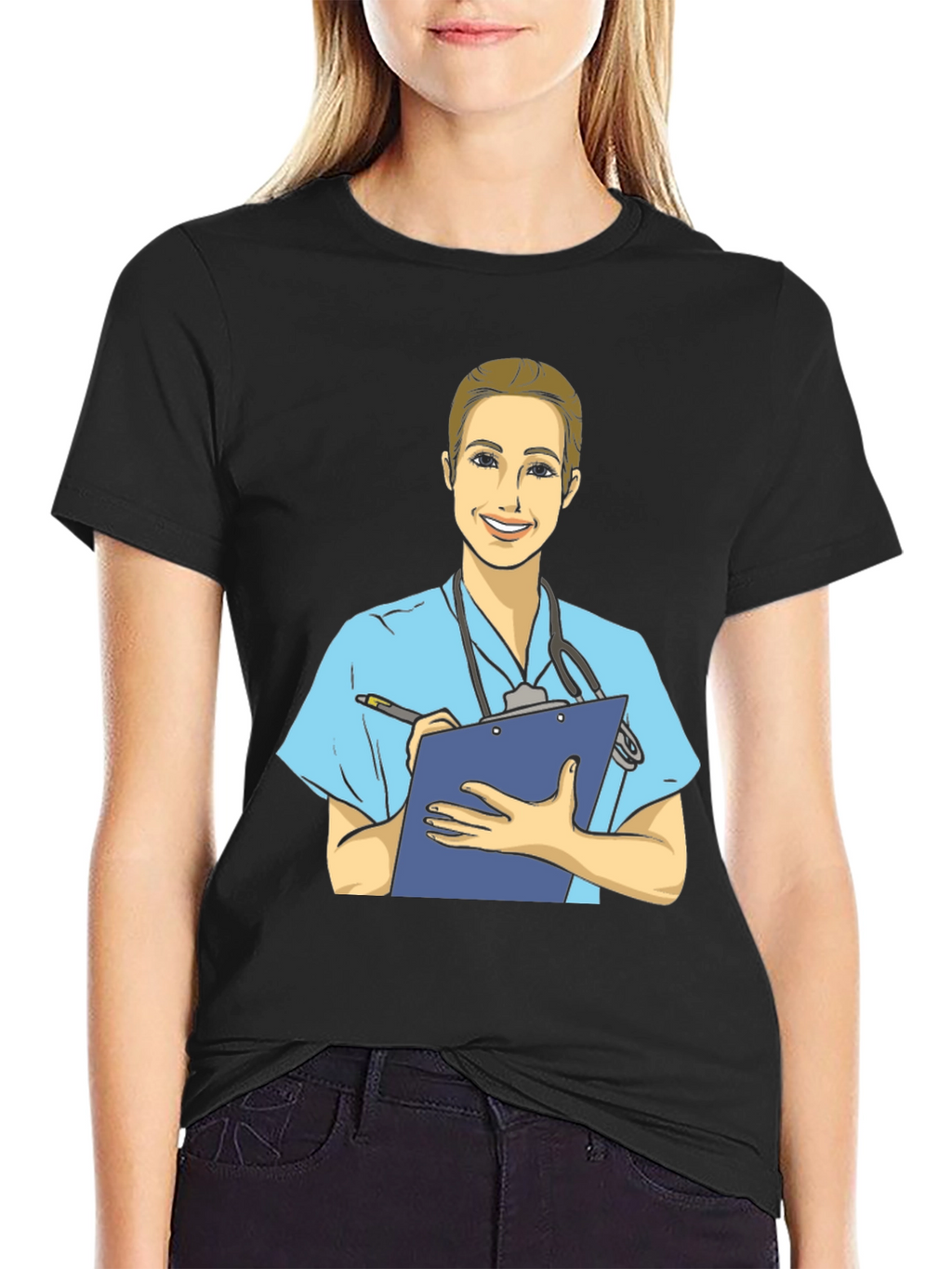 Cartoon Nurse T-Shirt - Black Cotton Blend