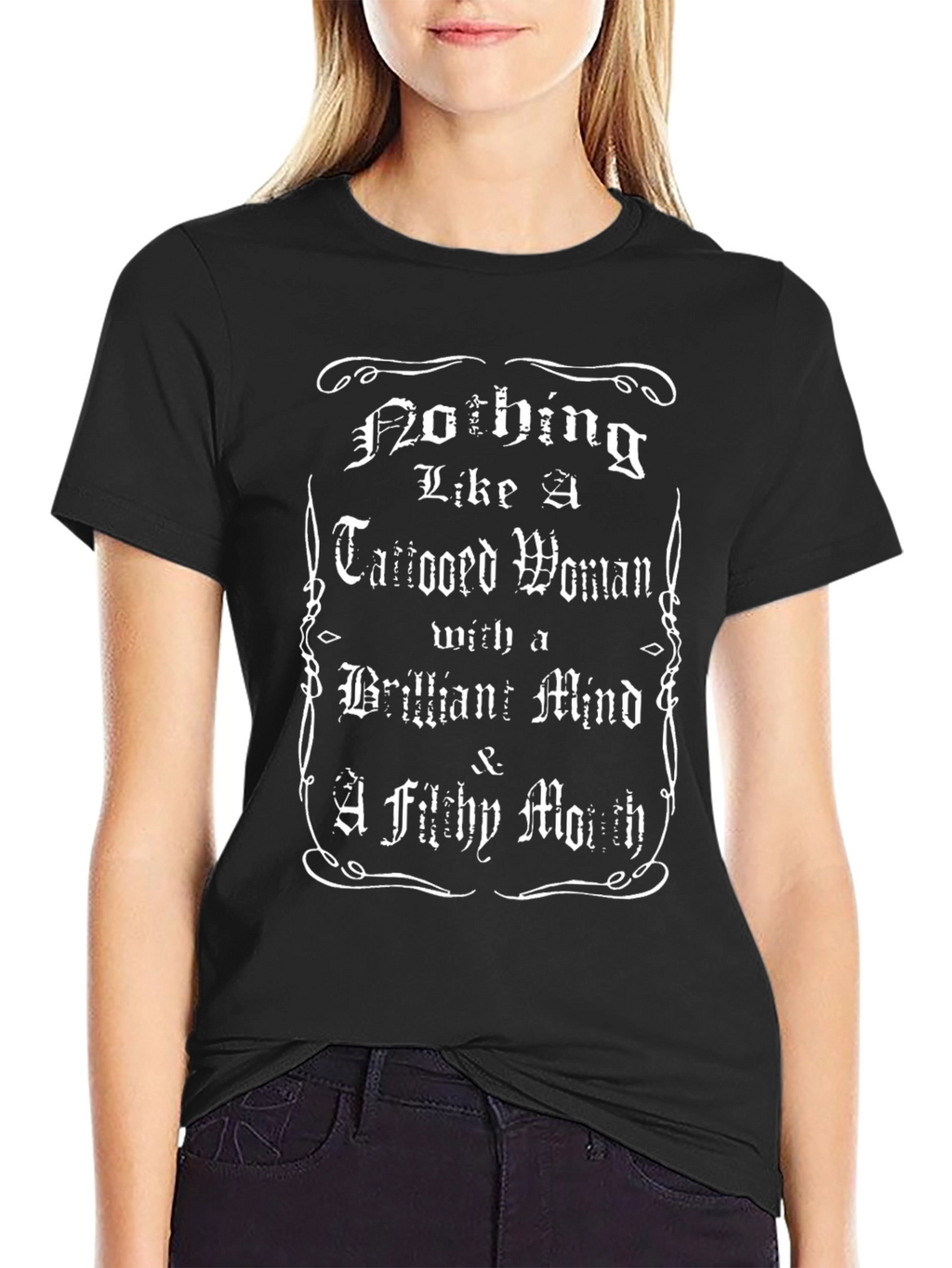 Tattooed Woman Graphic Print Black T-Shirt