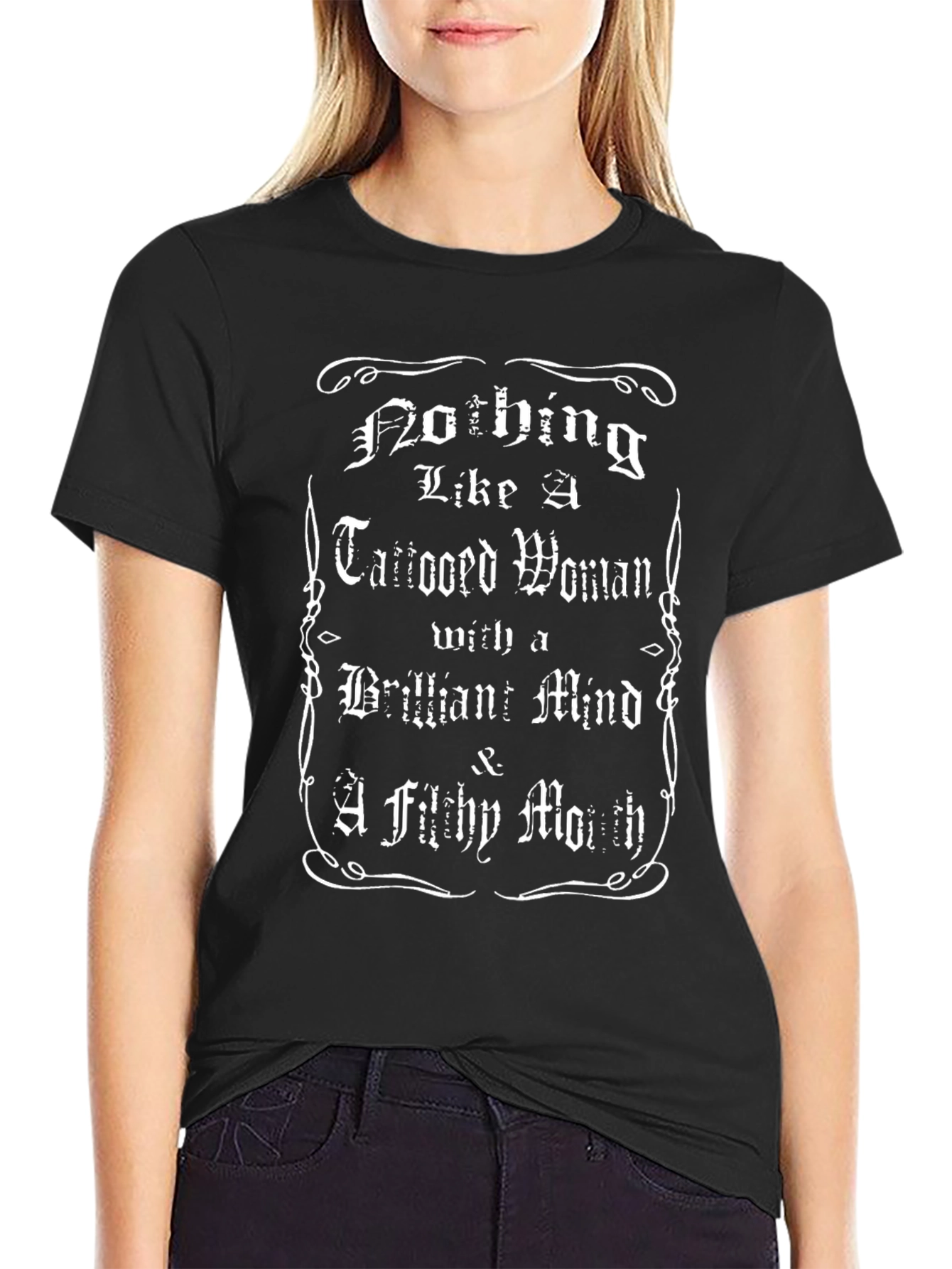 Tattooed Woman Graphic Print Black T-Shirt