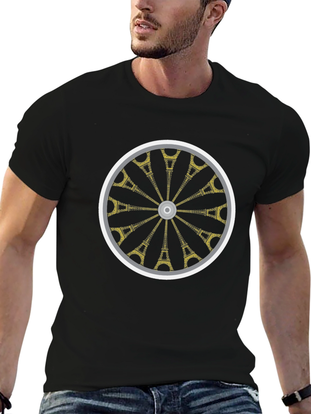 Eiffel Tower Wheel Graphic T-Shirt - Casual Black Tee