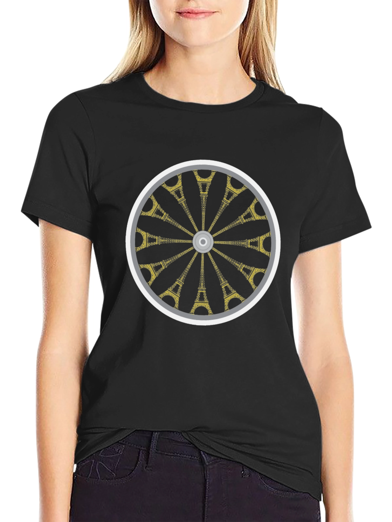 Eiffel Tower Wheel Graphic T-Shirt - Casual Black Tee