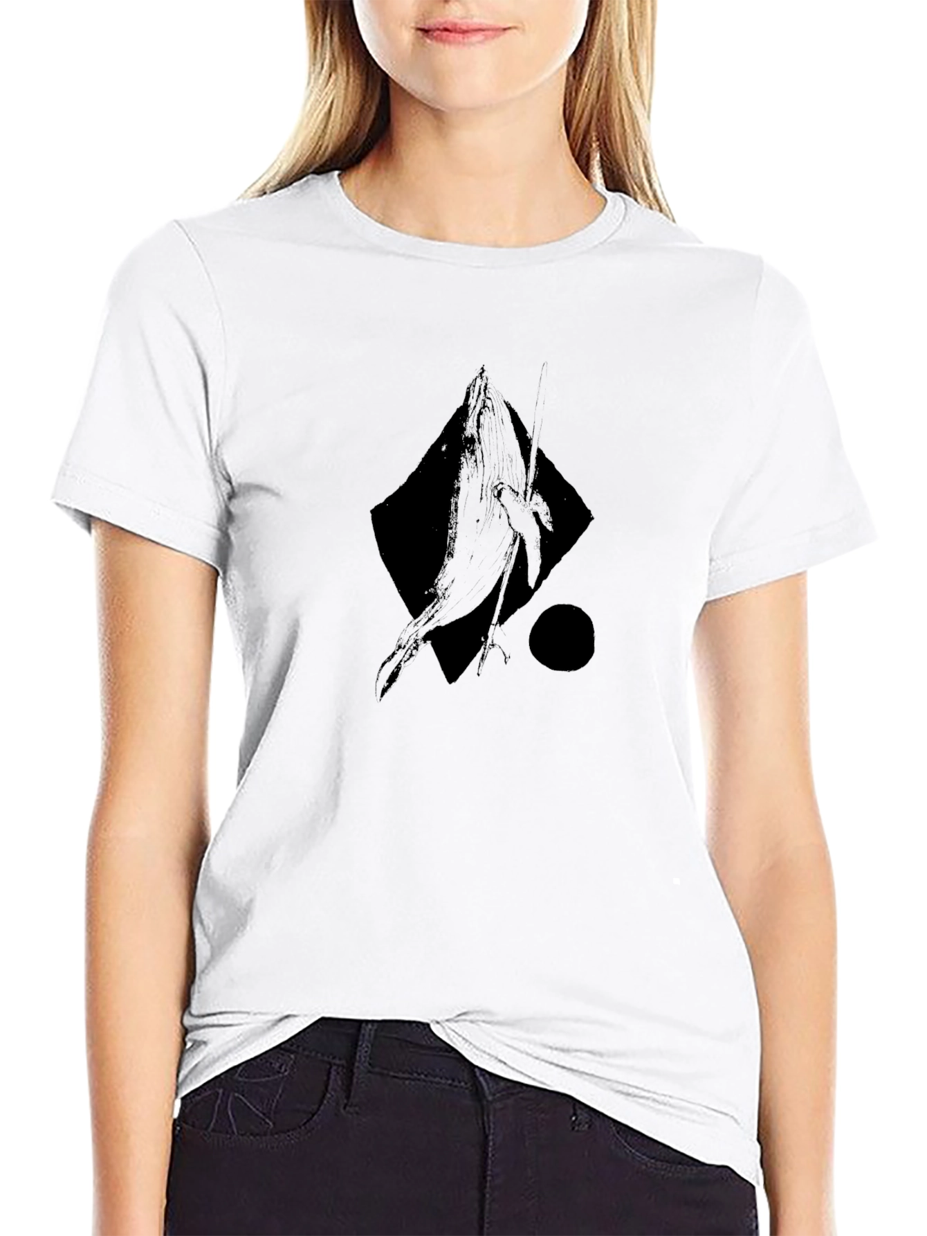 Abstract Whale Graphic Tee - Black Cotton Casual T-Shirt