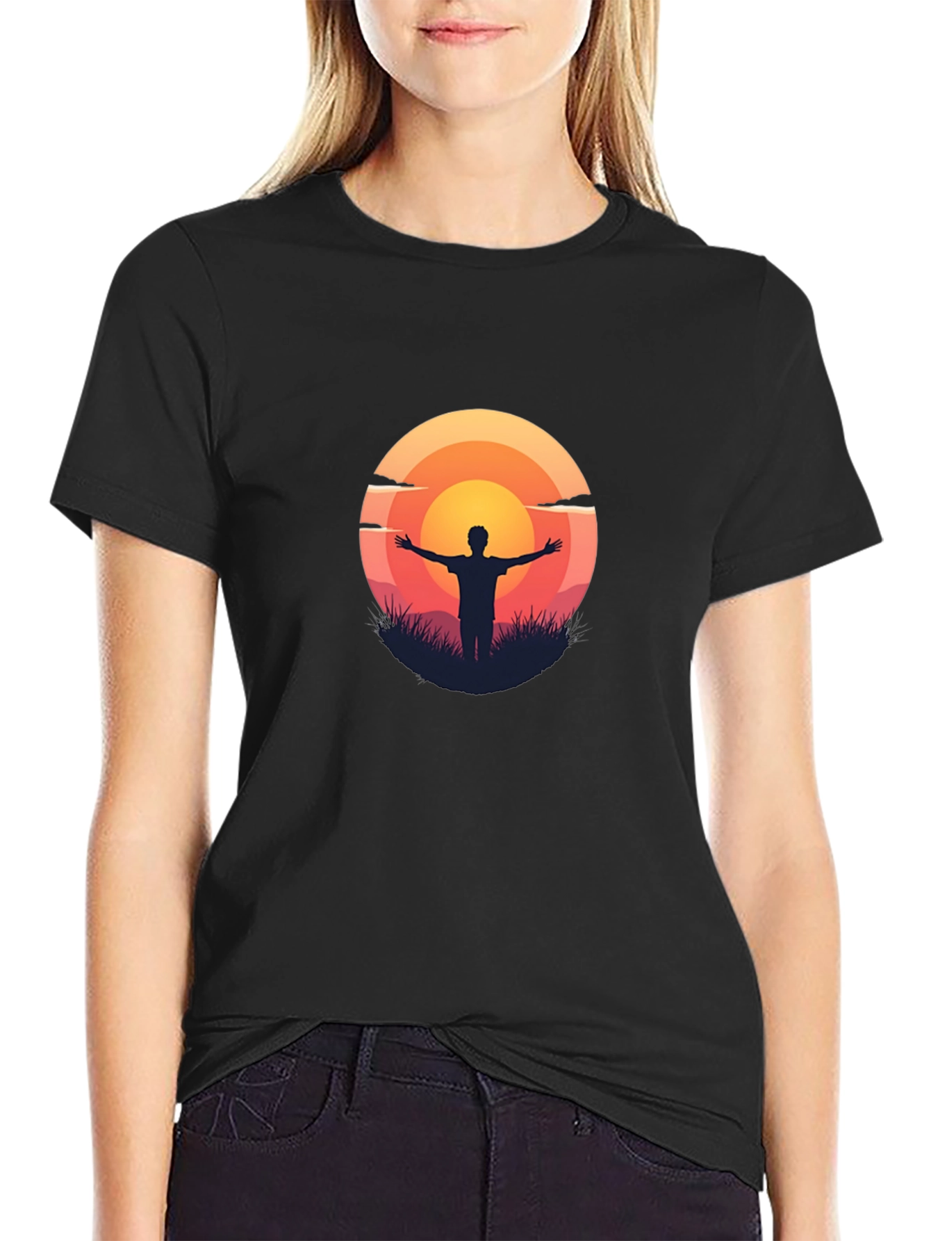 Sunset Silhouette Graphic Tee - Black Cotton T-Shirt