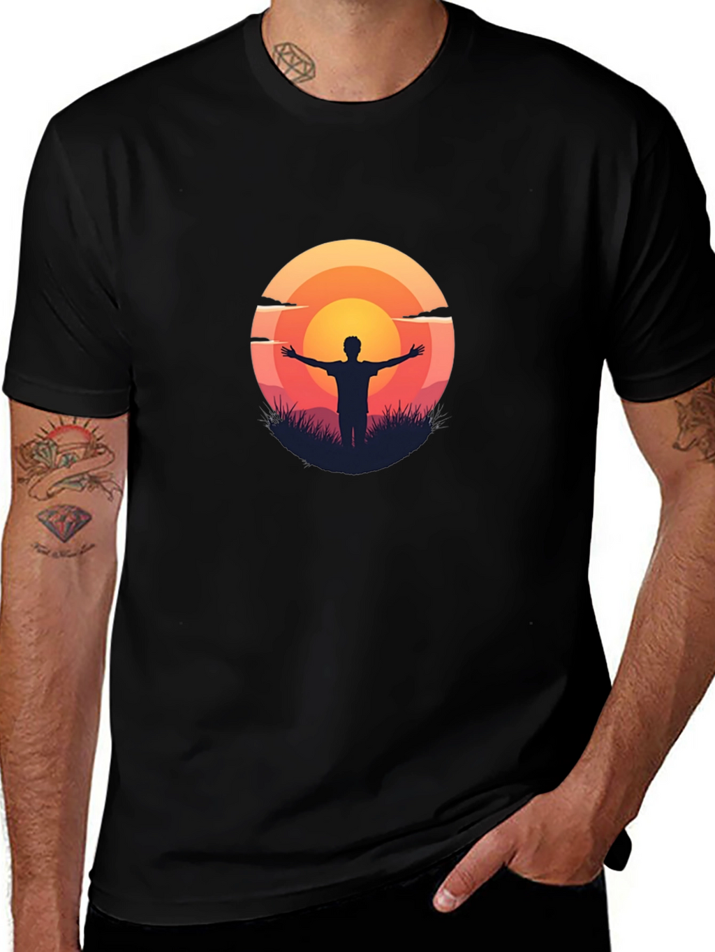 Sunset Silhouette Graphic Tee - Black Cotton T-Shirt