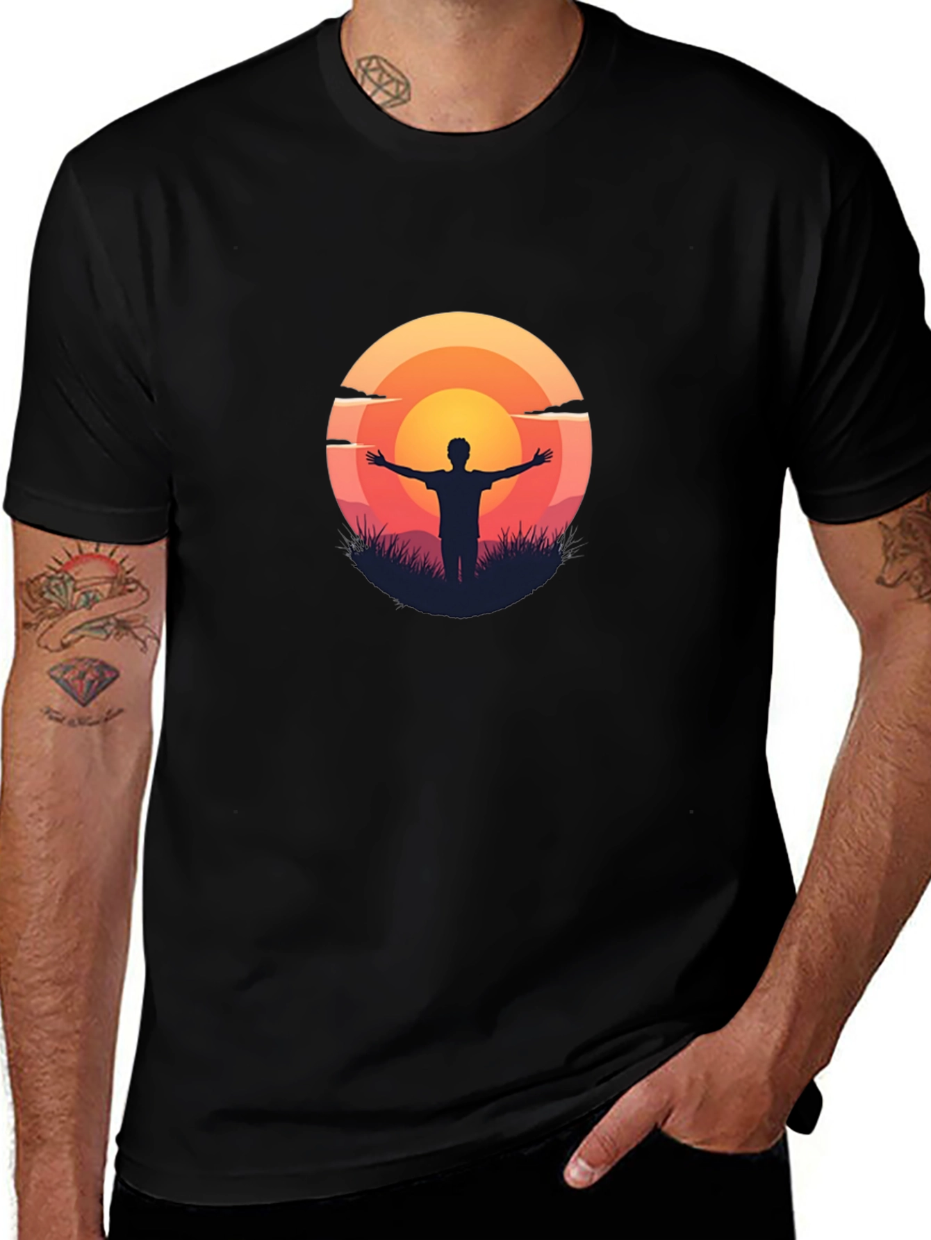 Sunset Silhouette Graphic Tee - Black Cotton T-Shirt