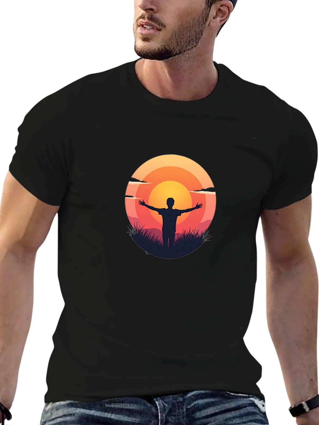Sunset Silhouette Graphic Tee - Black Cotton T-Shirt