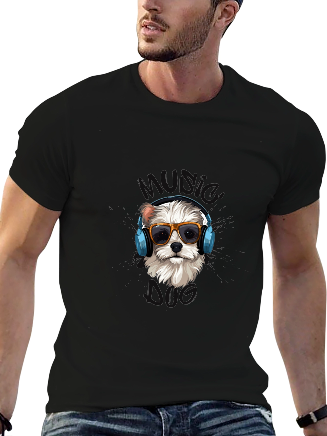 Music Dog Black Graphic T-Shirt