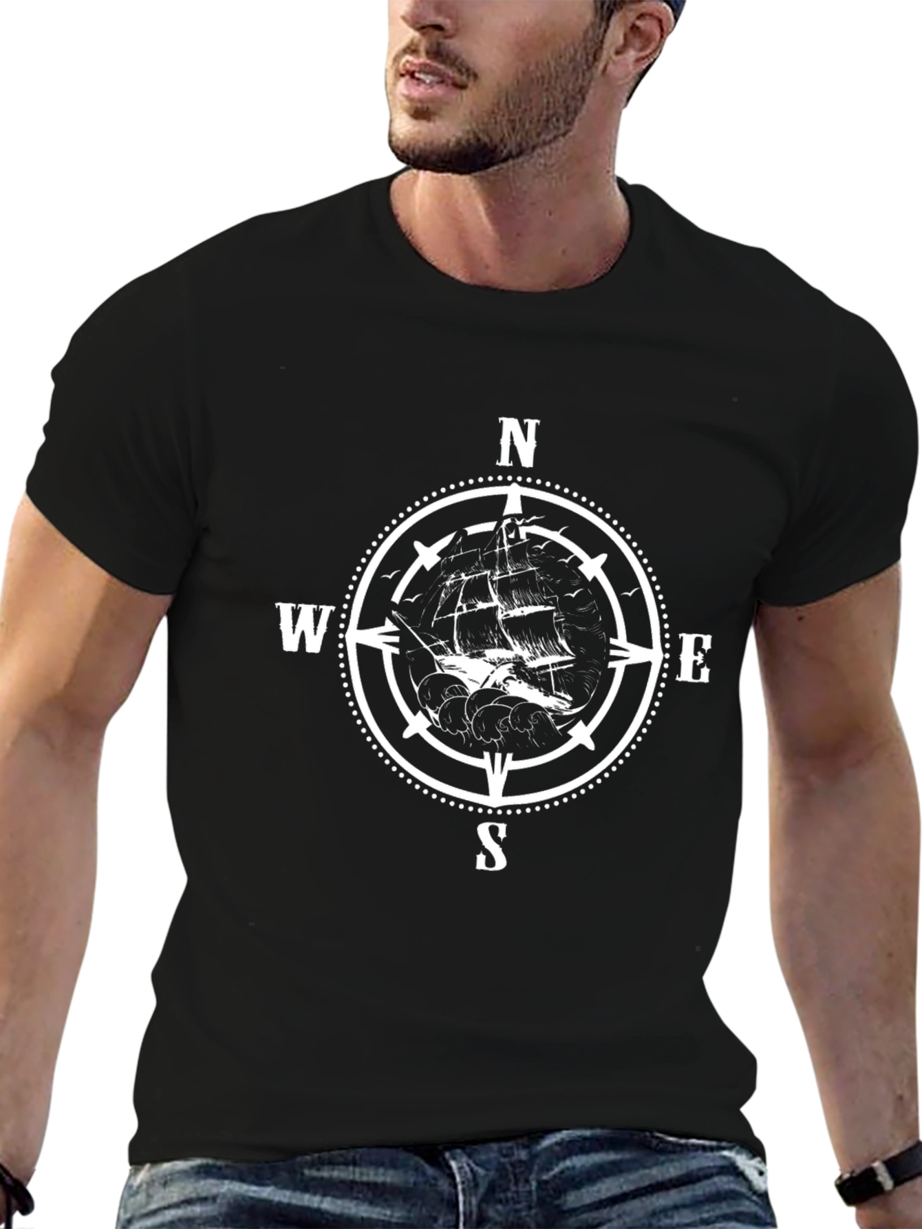 Nautical Compass & Ship Graphic T-Shirt - Black