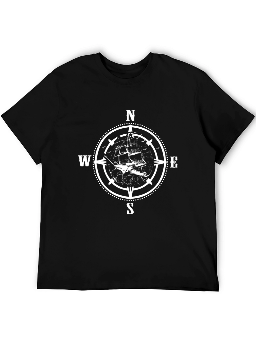 Nautical Compass & Ship Graphic T-Shirt - Black