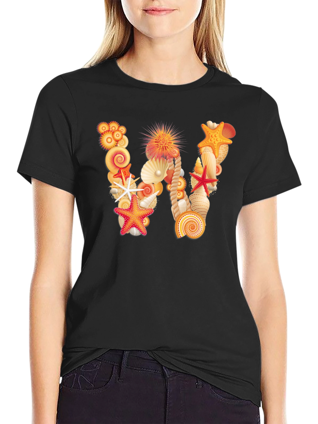 Seashell Letter W Black T-Shirt