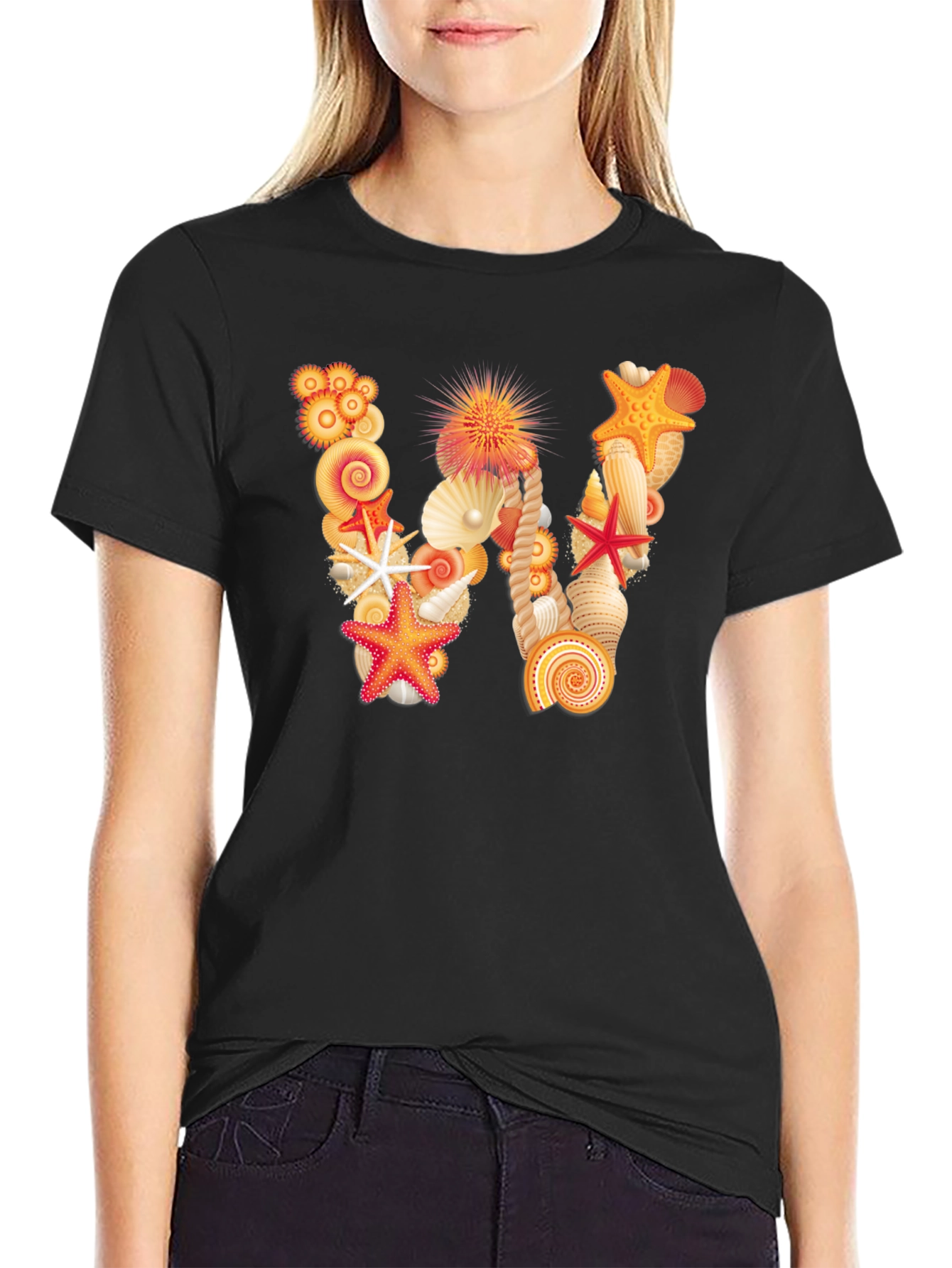 Seashell Letter W Black T-Shirt