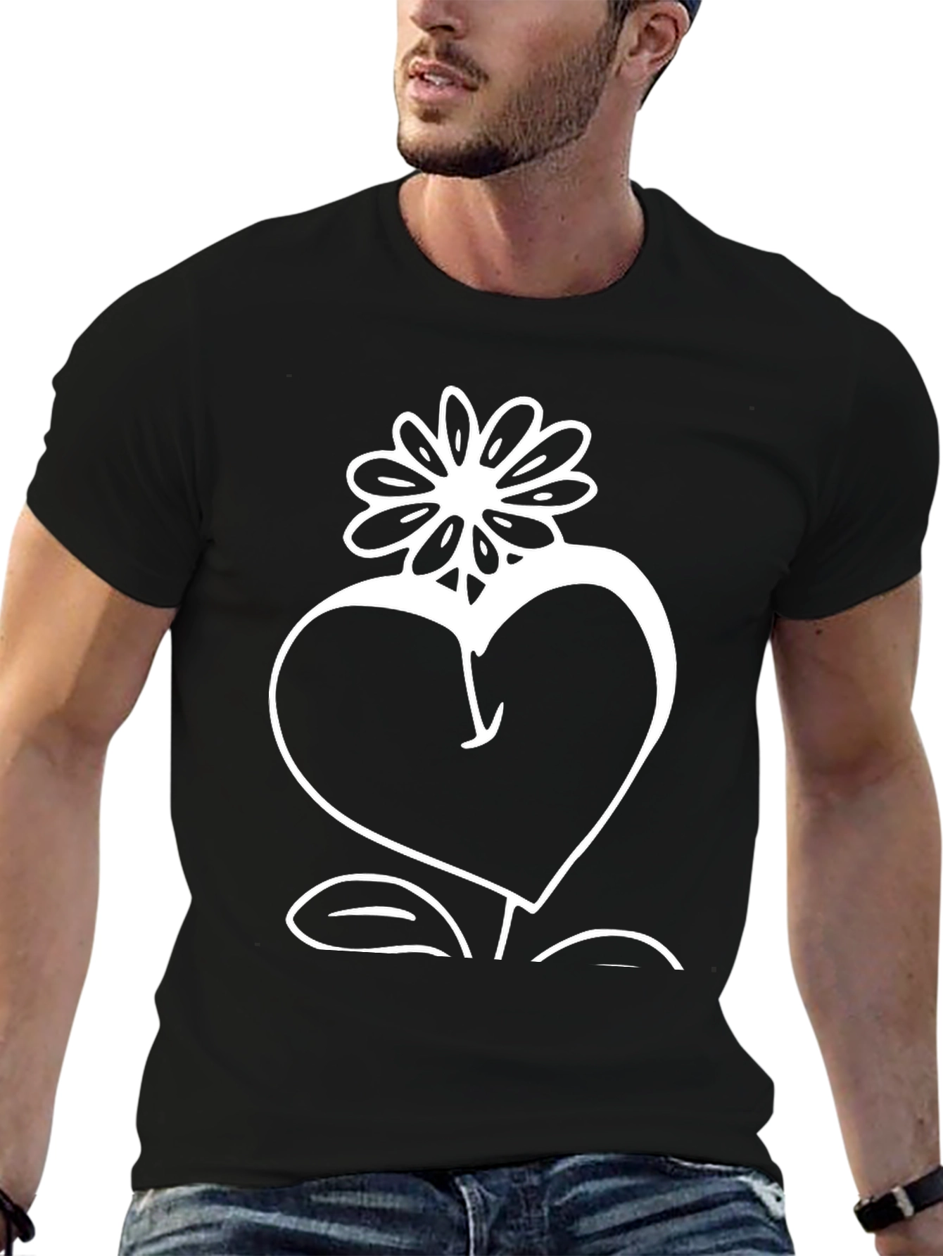 Heart Flower Graphic Tee - Stylish Black Cotton T-Shirt