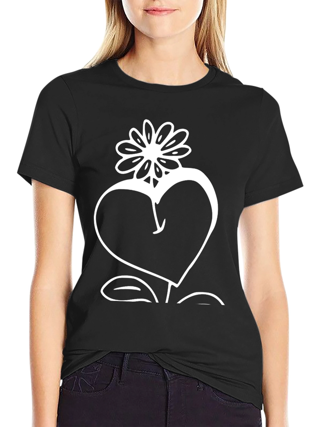 Heart Flower Graphic Tee - Stylish Black Cotton T-Shirt