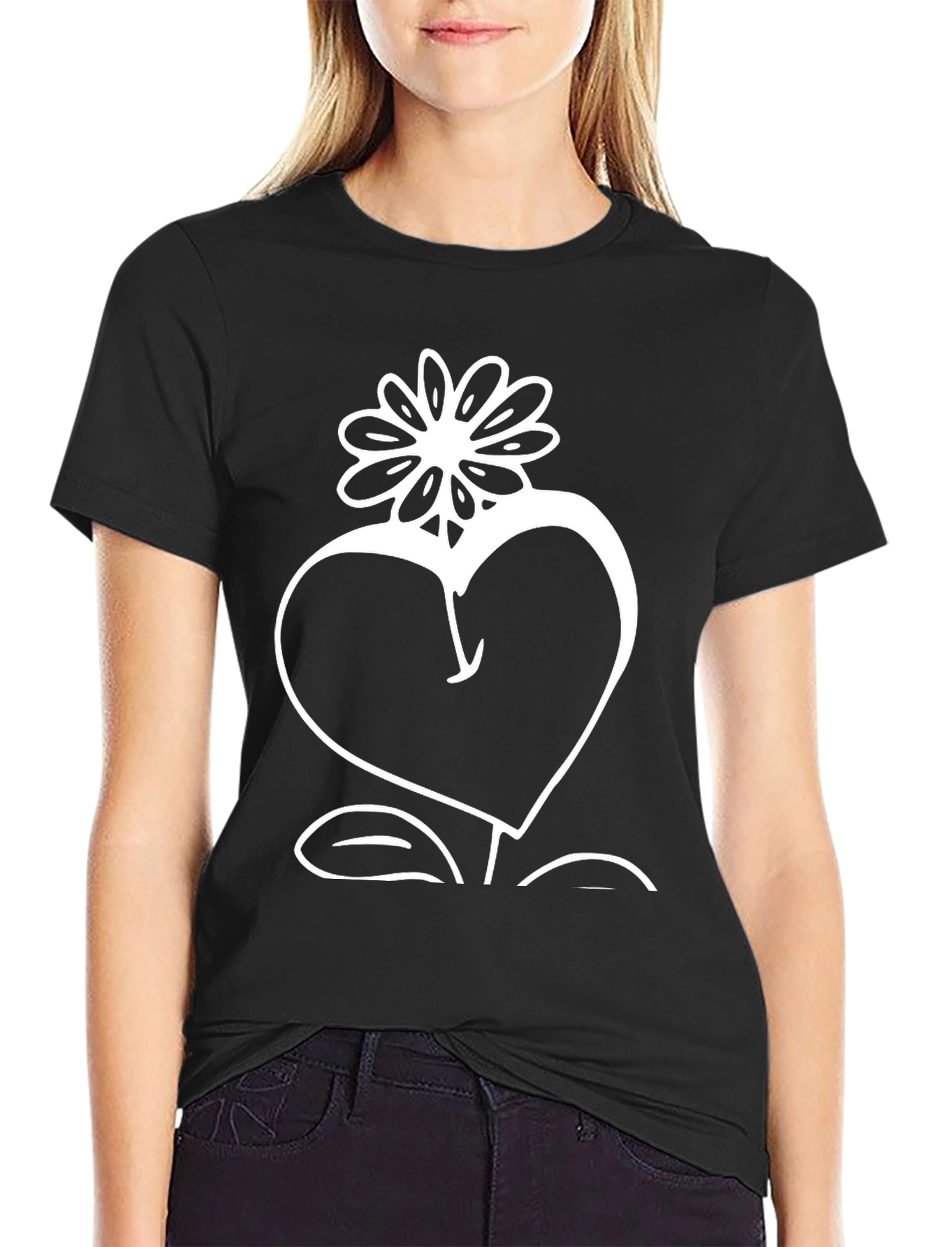 Heart Flower Graphic Tee - Stylish Black Cotton T-Shirt