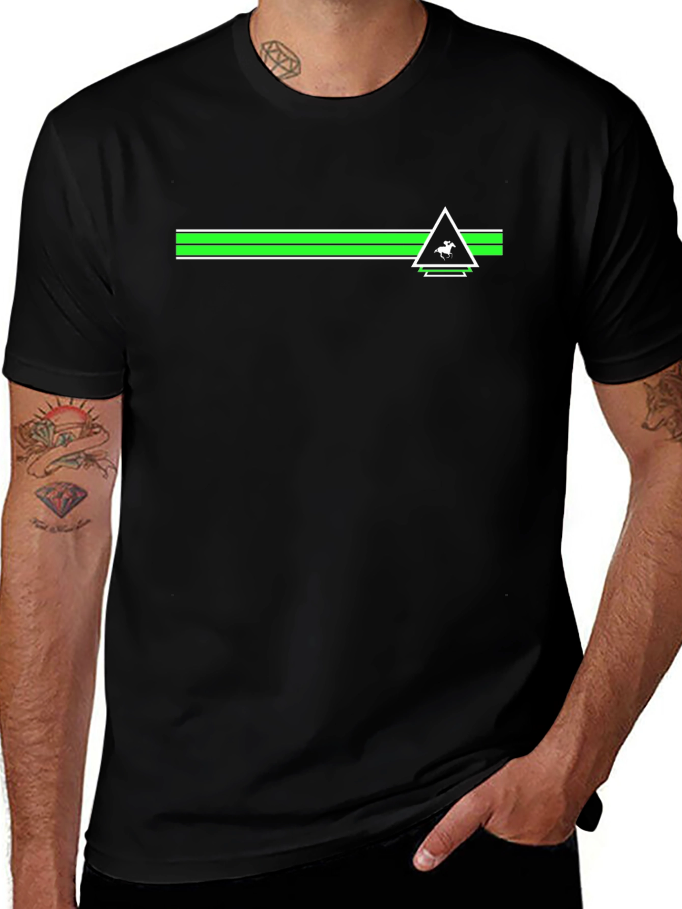 Black Tee with Green Stripe & Triangle Logo