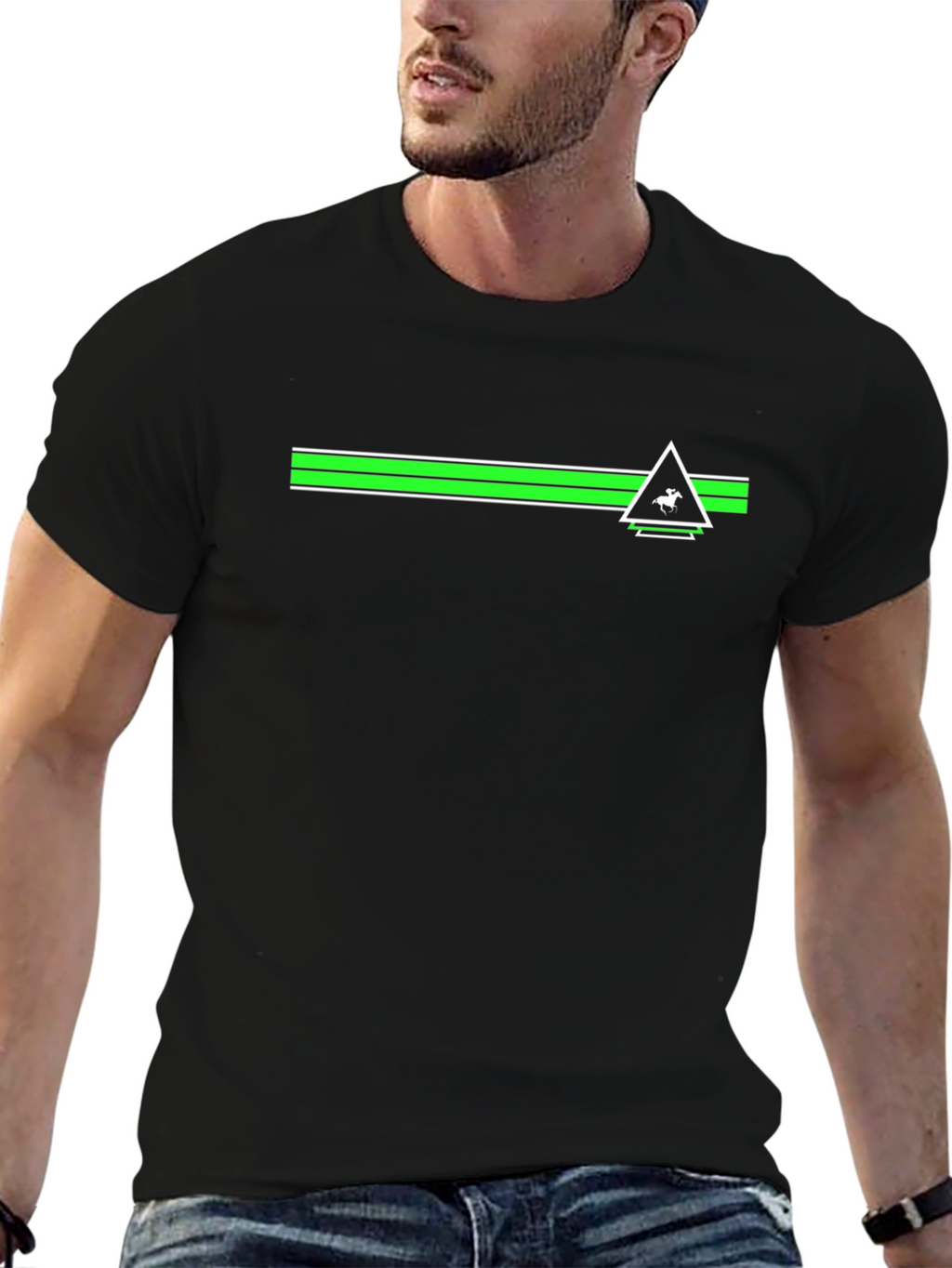 Black Tee with Green Stripe & Triangle Logo