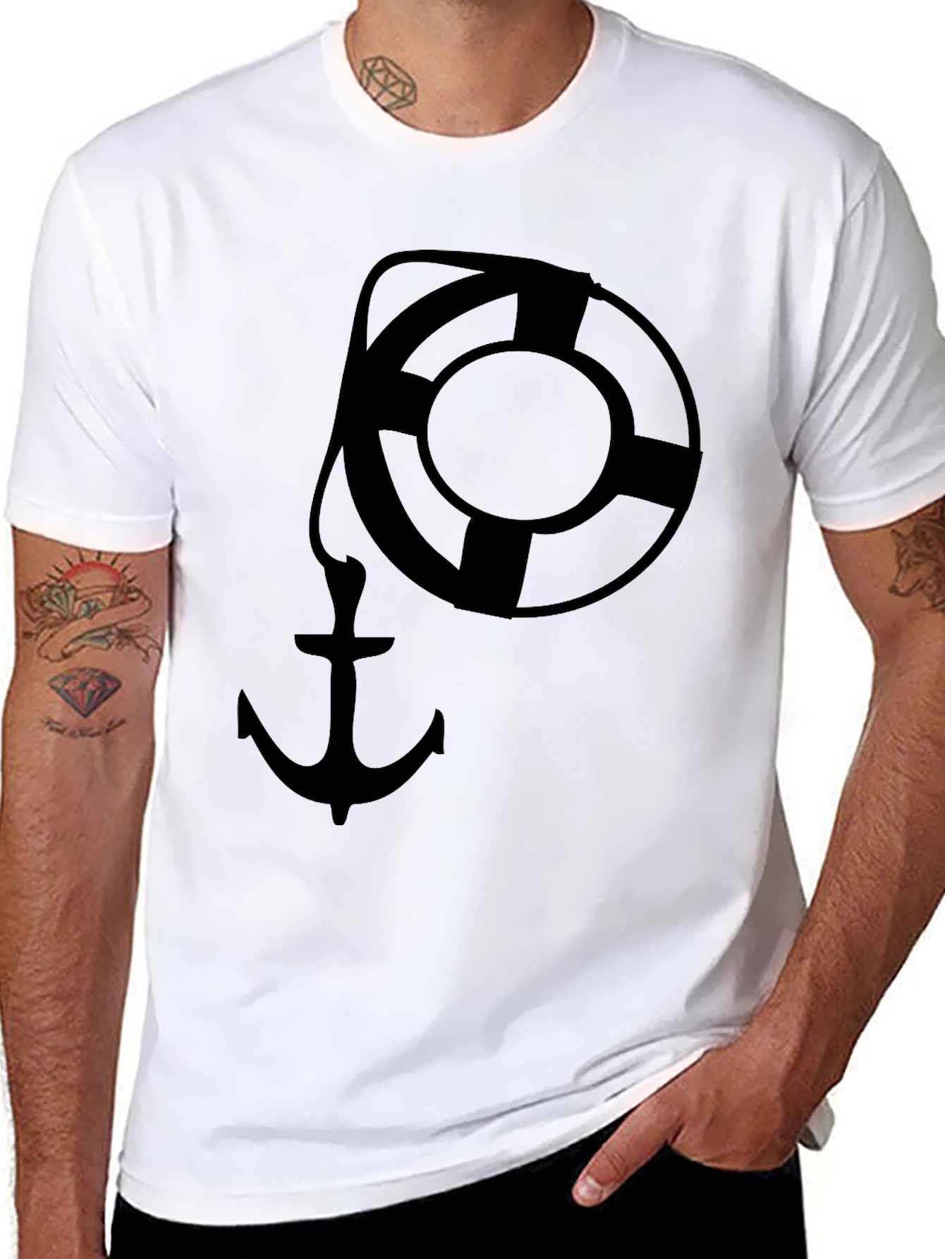 Nautical Anchor & Life Preserver Graphic Tee - Black