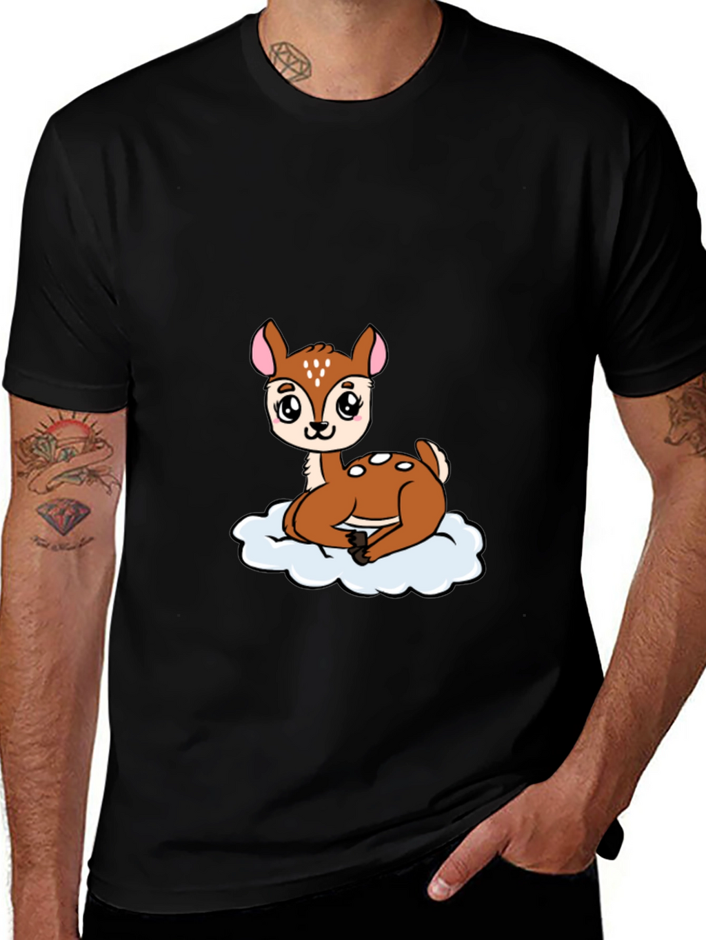 Cute Deer Cartoon Black T-Shirt