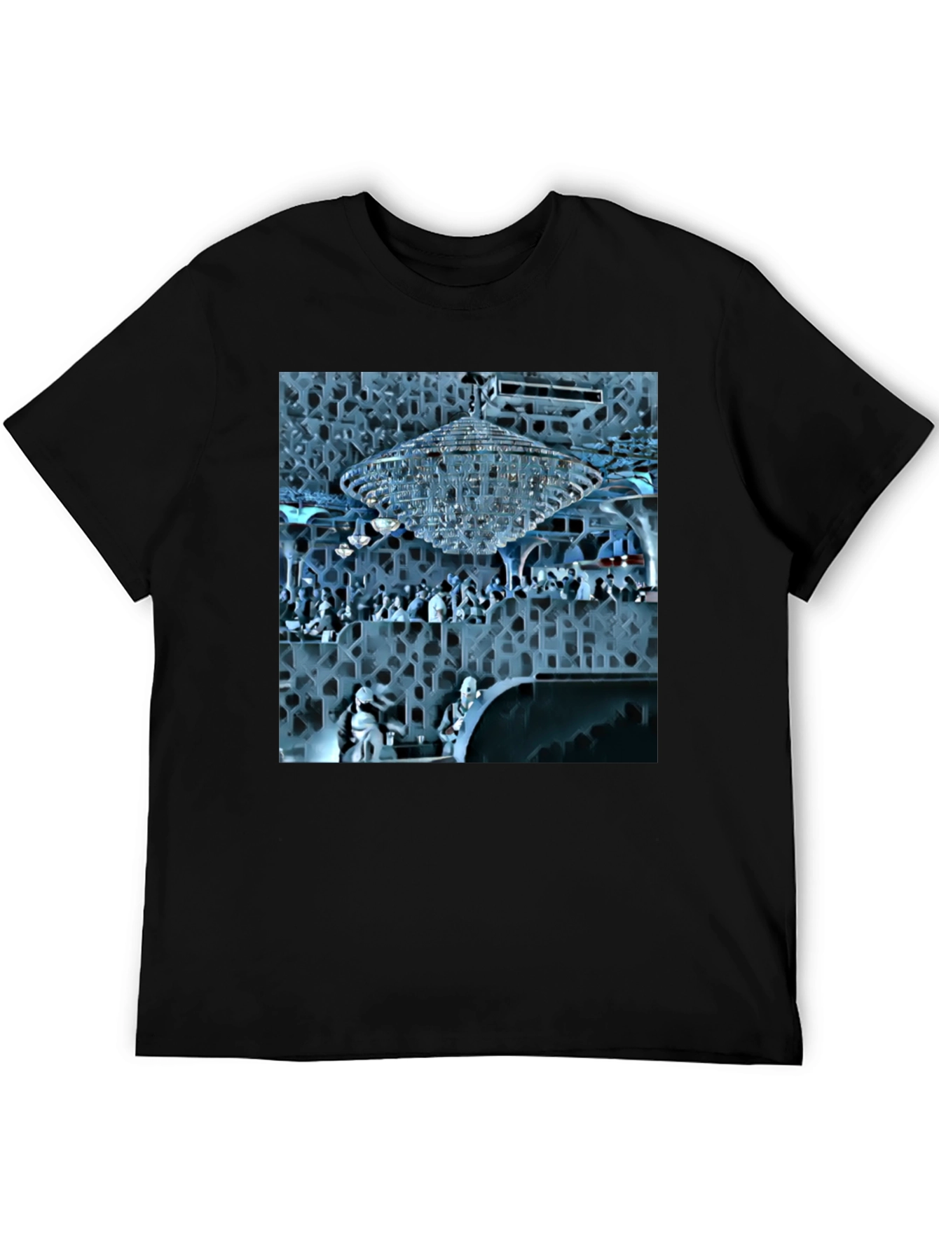 Stylish Black Tee with Crystal Chandelier Design